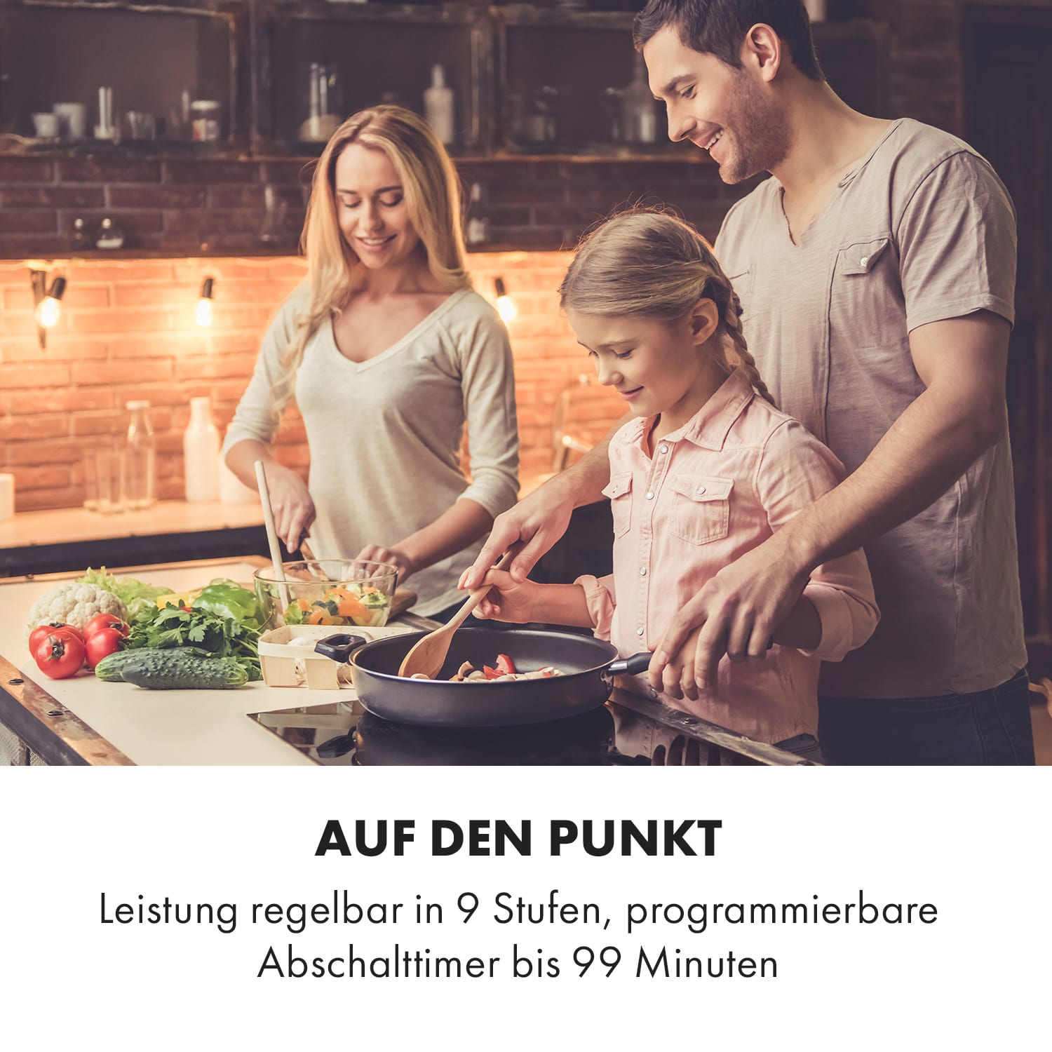 Famiglia che cucina insieme in cucina. Un uomo, una donna e una bambina. Testo in basso.