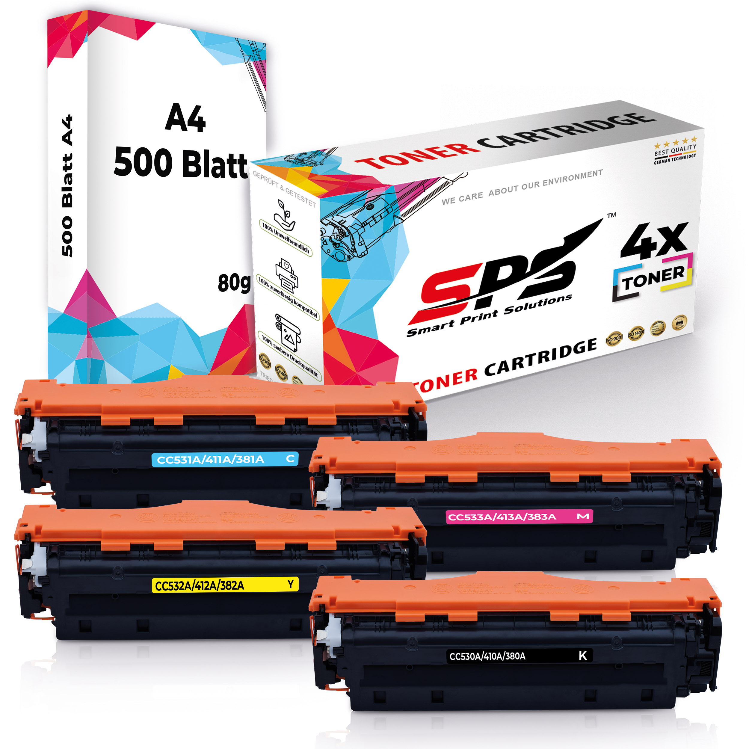 Tonerkartuschen und eine Papierbox. Die Patronen sind cyan, gelb, magenta und schwarz.