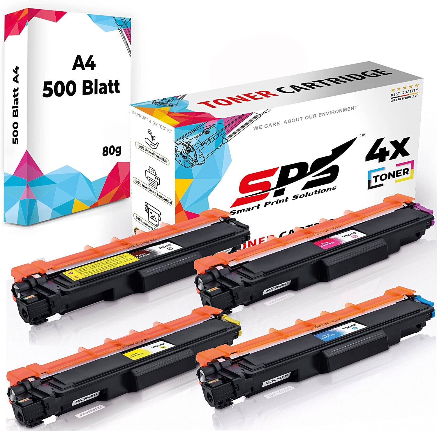 Vier Tonerkartuschen und eine Papierbox. Kartuschen sind schwarz, gelb, pink und blau.