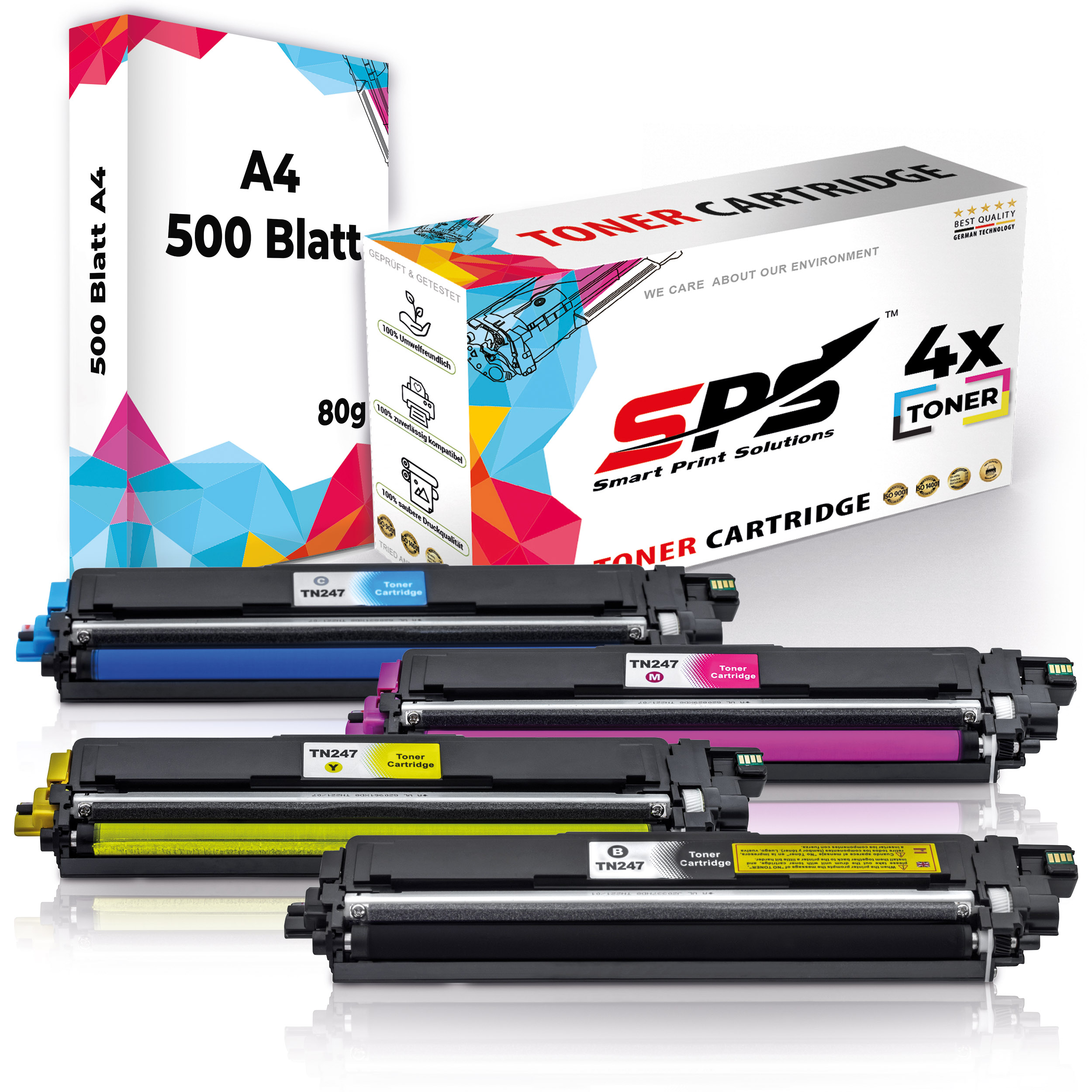 Tonerkartuschen in verschiedenen Farben, mit einer Papierbox im Hintergrund.
