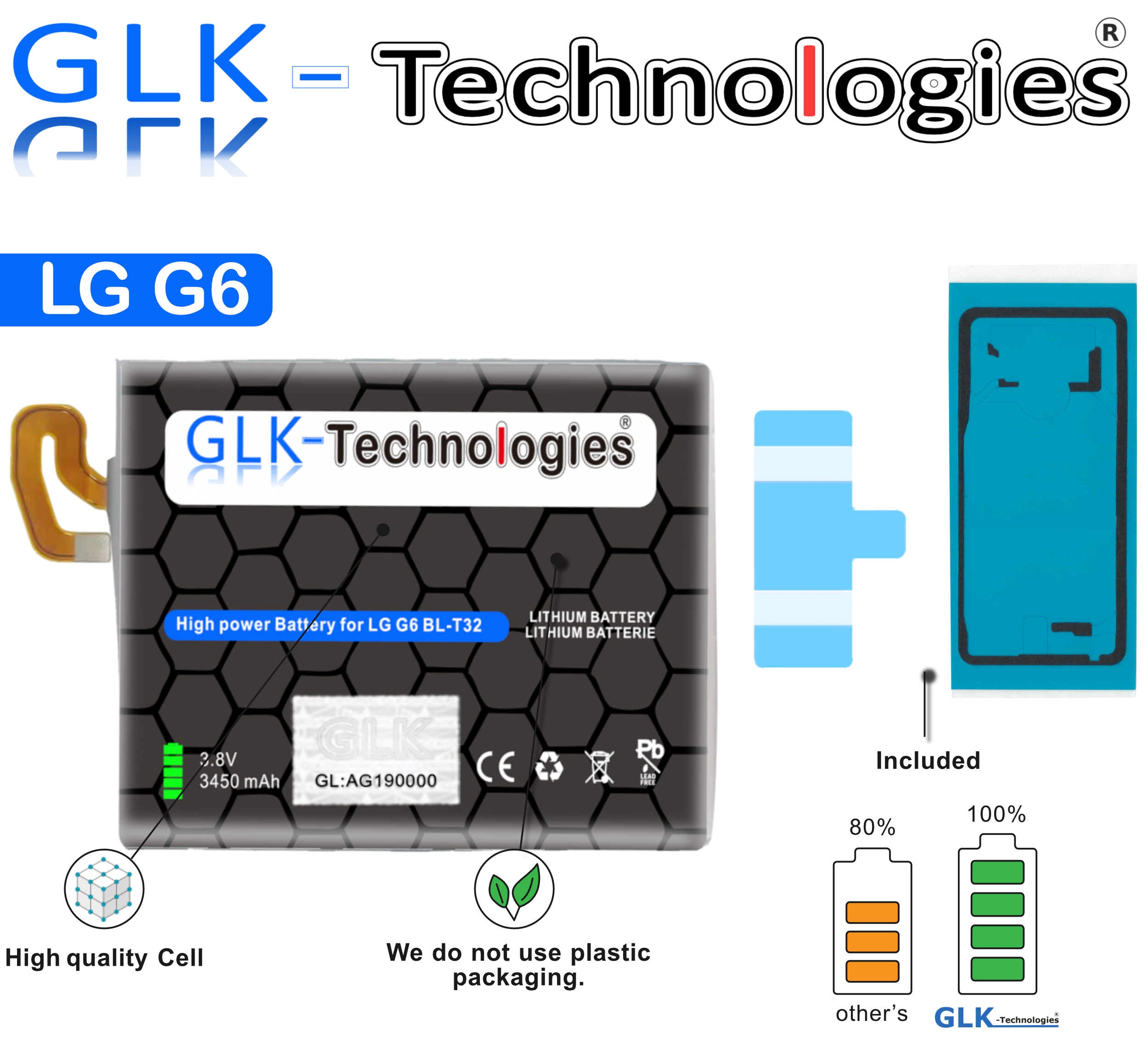 Ersatz LG Li-Ion Lithium-Ionen, Akku, Smartphone Power Volt, 3450mAh Akku Battery 3450mAh G6 Ersatz 3.85 GLK-TECHNOLOGIES accu High für G6+