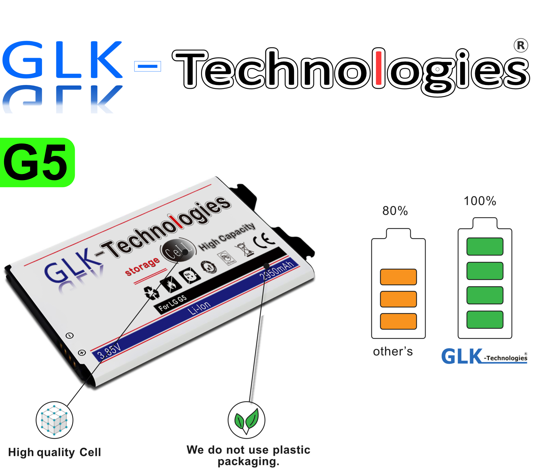 G5 Smartphone Ersatz 2950mAh Power Ersatz Akku, High Akku Lithium-Ionen, für Battery accu 3.85 GLK-TECHNOLOGIES 2950mAh LG Li-Ion Volt,