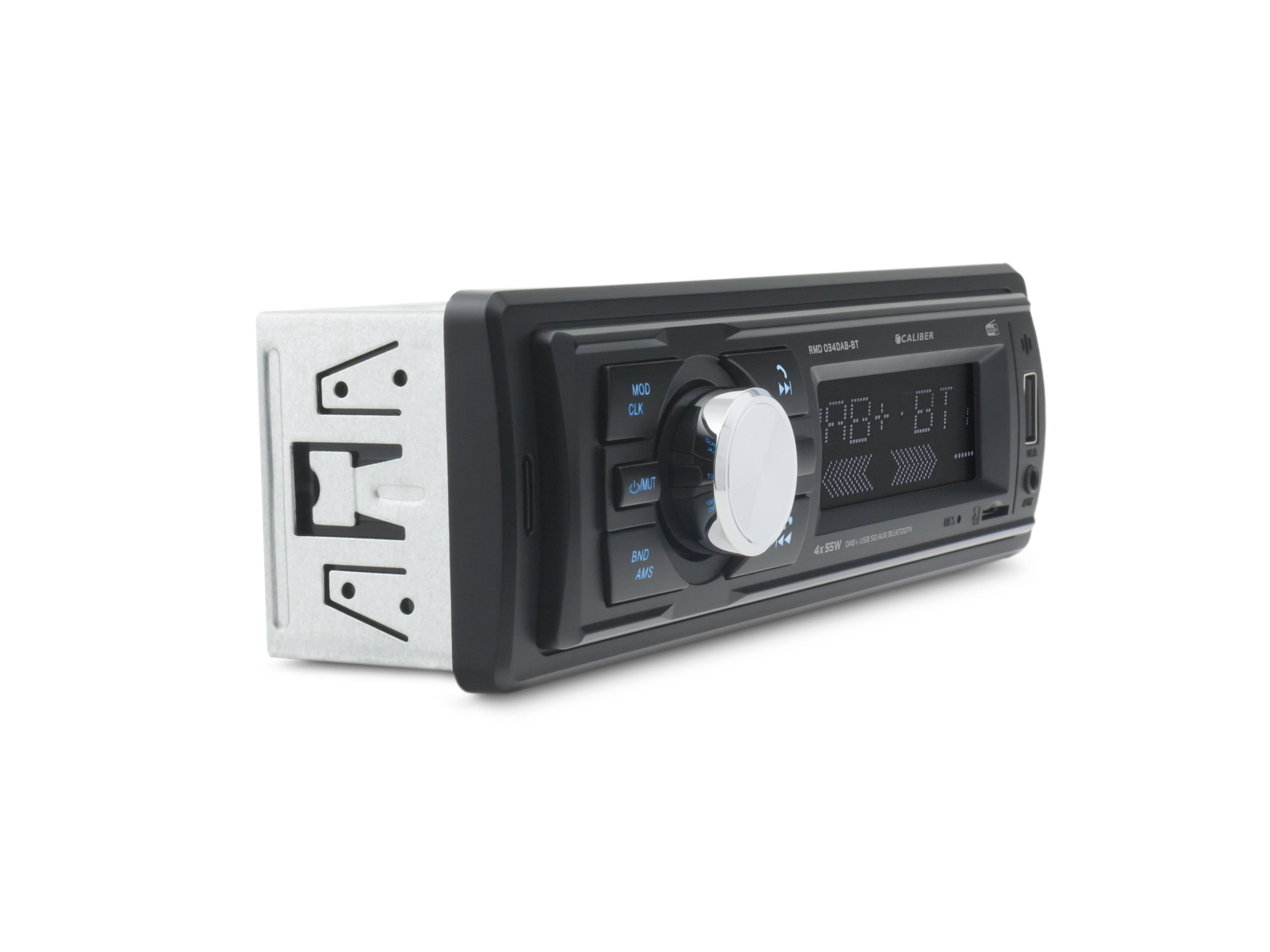 Car radio with a silver knob, black buttons, and a display screen. It's set against a white background.