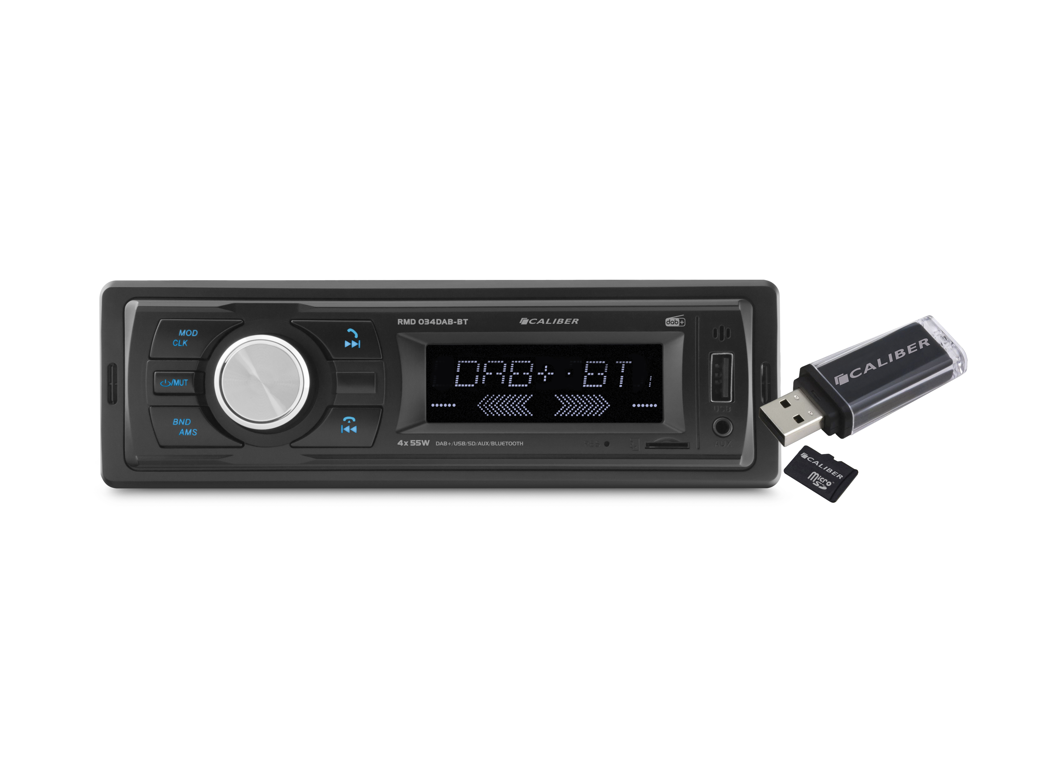 A car stereo with a display showing text. USB and SD card are next to the stereo.