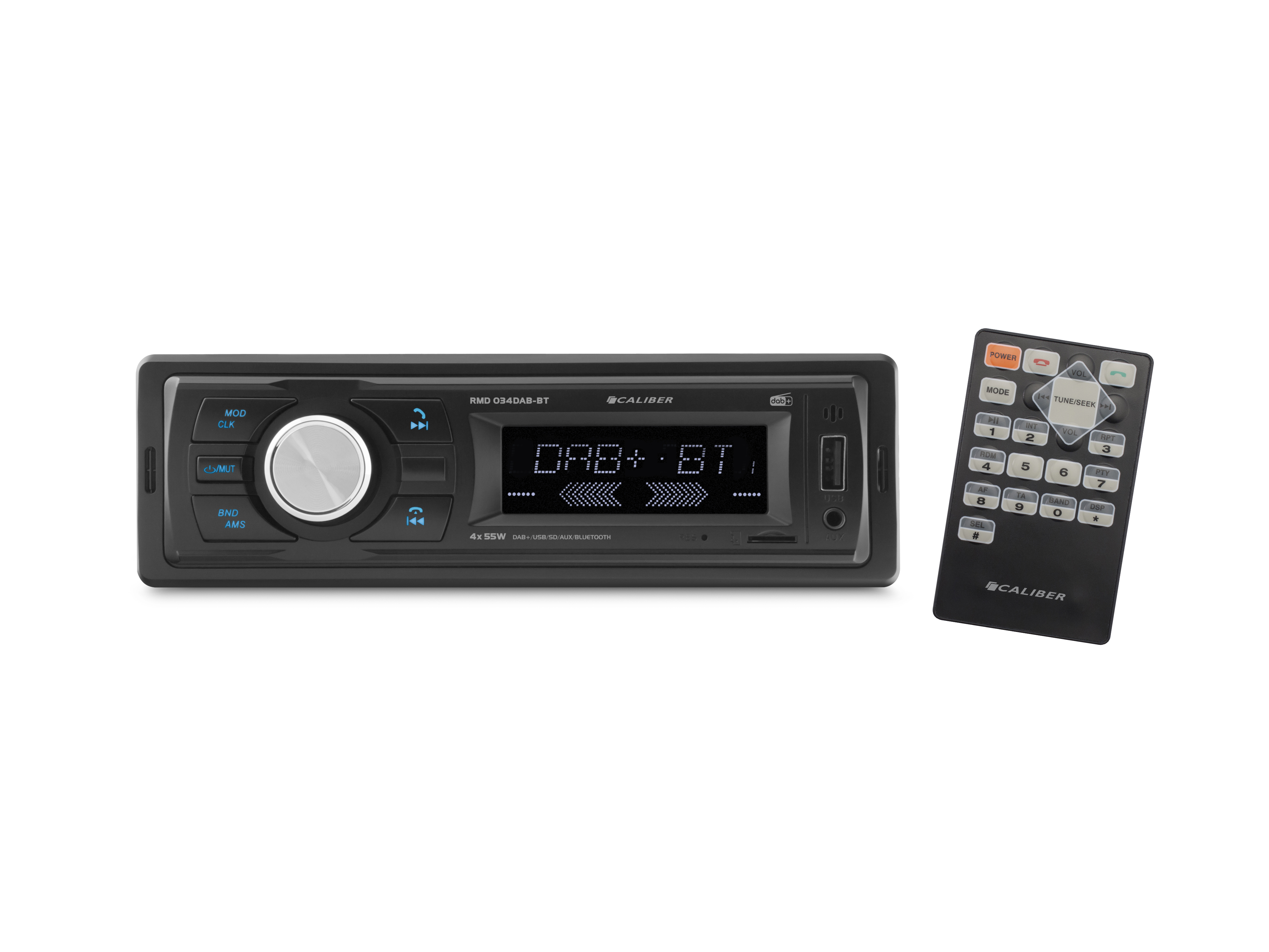 Car radio with a remote control on a white background. Buttons and a display screen.