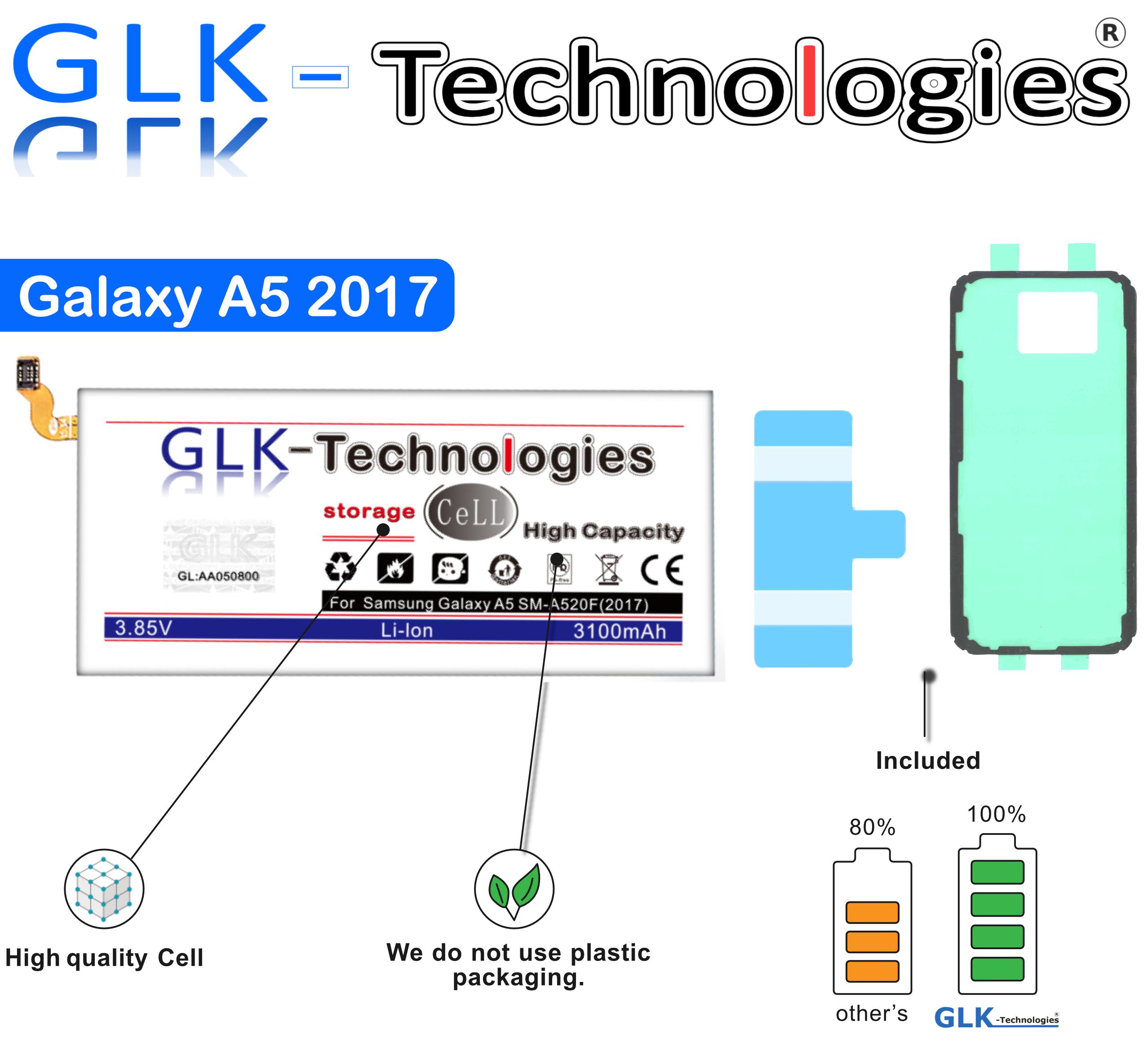 für High SM-A520F accu Li-Ion GLK-TECHNOLOGIES Volt, Power Battery Galaxy Akku, 2017 3.85 Akku Samsung 3100mAh A5 Lithium-Ionen, Smartphone Ersatz Ersatz 3100mAh