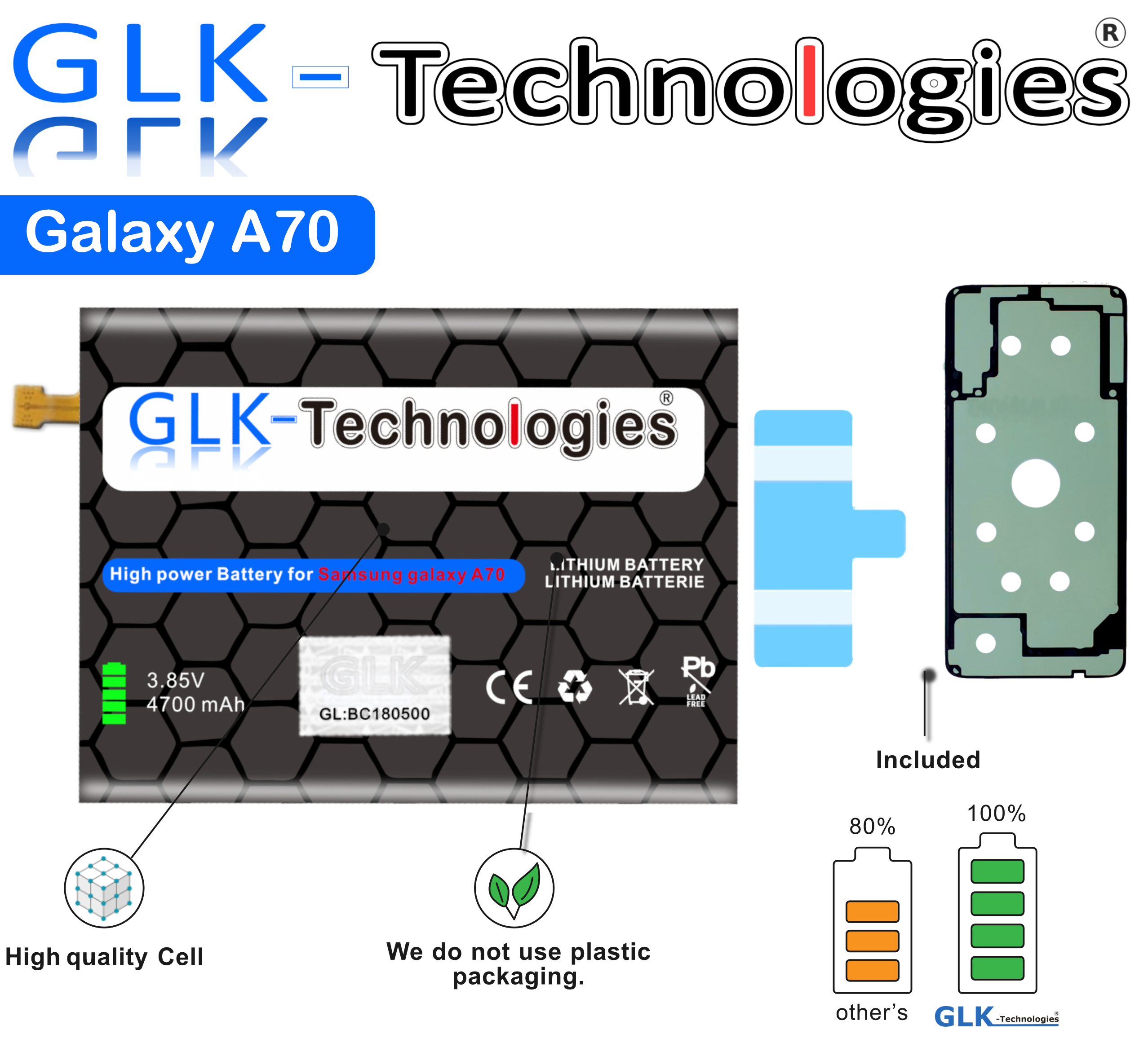 GLK-TECHNOLOGIES High Power Ersatz Ersatz A70 / Smartphone A70 SM-A705DS Samsung DUAL Lithium-Ionen, 3.85 Akku Galaxy 4700mAh für Li-Ion SIM Volt, SM-A705F 4700mAh Akku