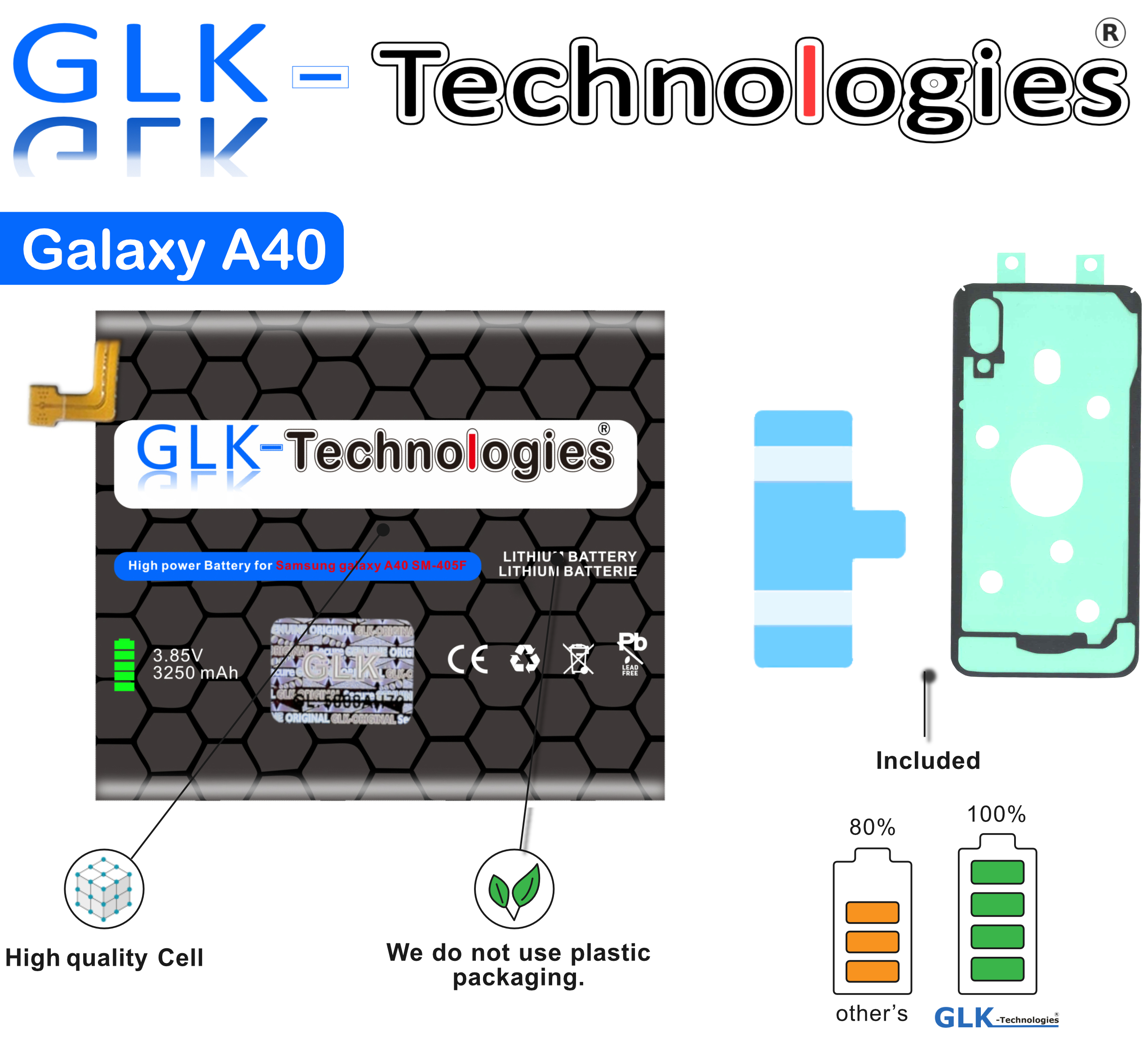 GLK-TECHNOLOGIES High Power Ersatz Samsung 3250mAh (A405F) Akku Volt, A40 Lithium-Ionen, accu Li-Ion Smartphone Ersatz für Akku, 3250mAh Battery Galaxy 3.85