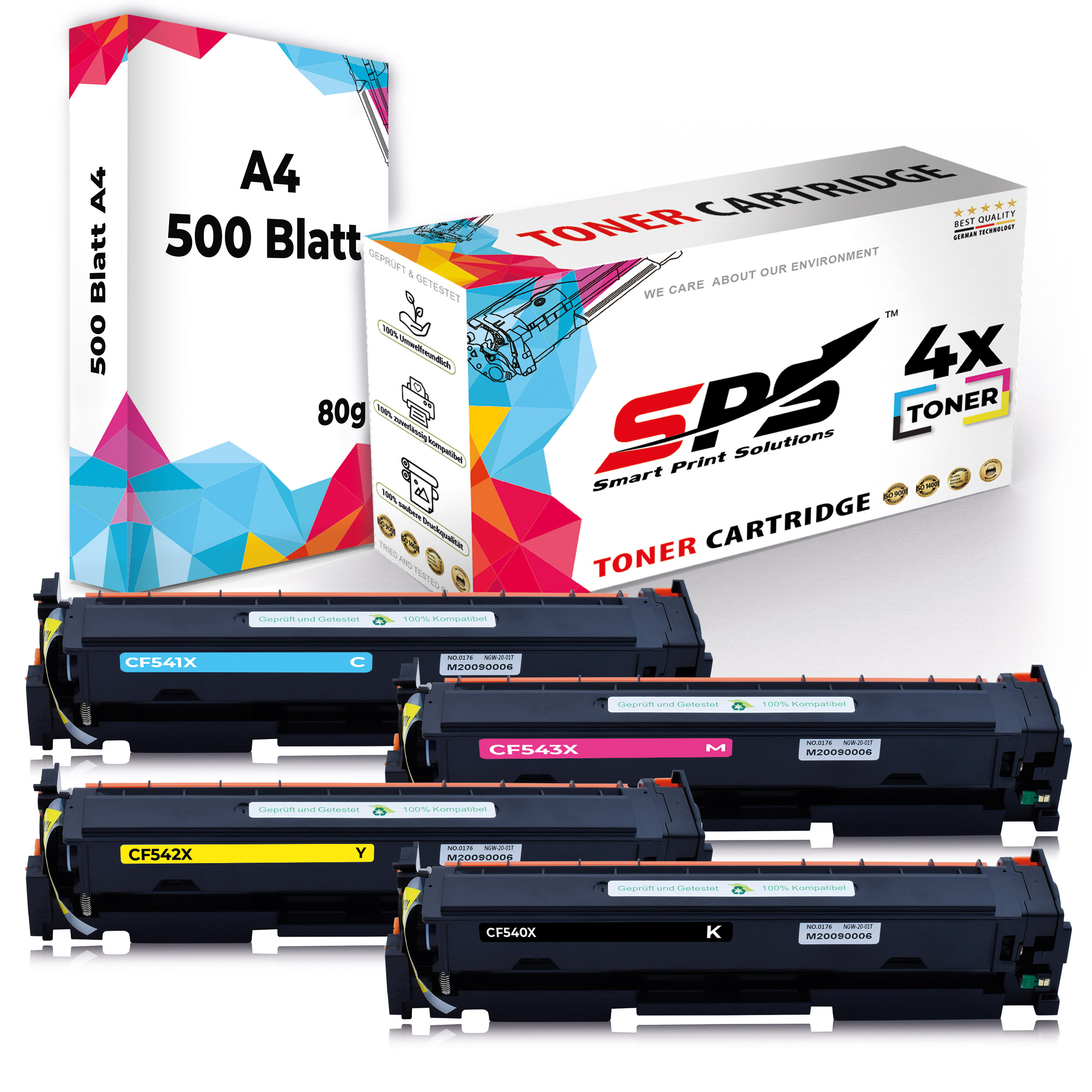 Tonerkartuschen und eine Box. Die Box sagt 500 Blatt A4. Kartuschen sind schwarz, blau, gelb, magenta und cyan.