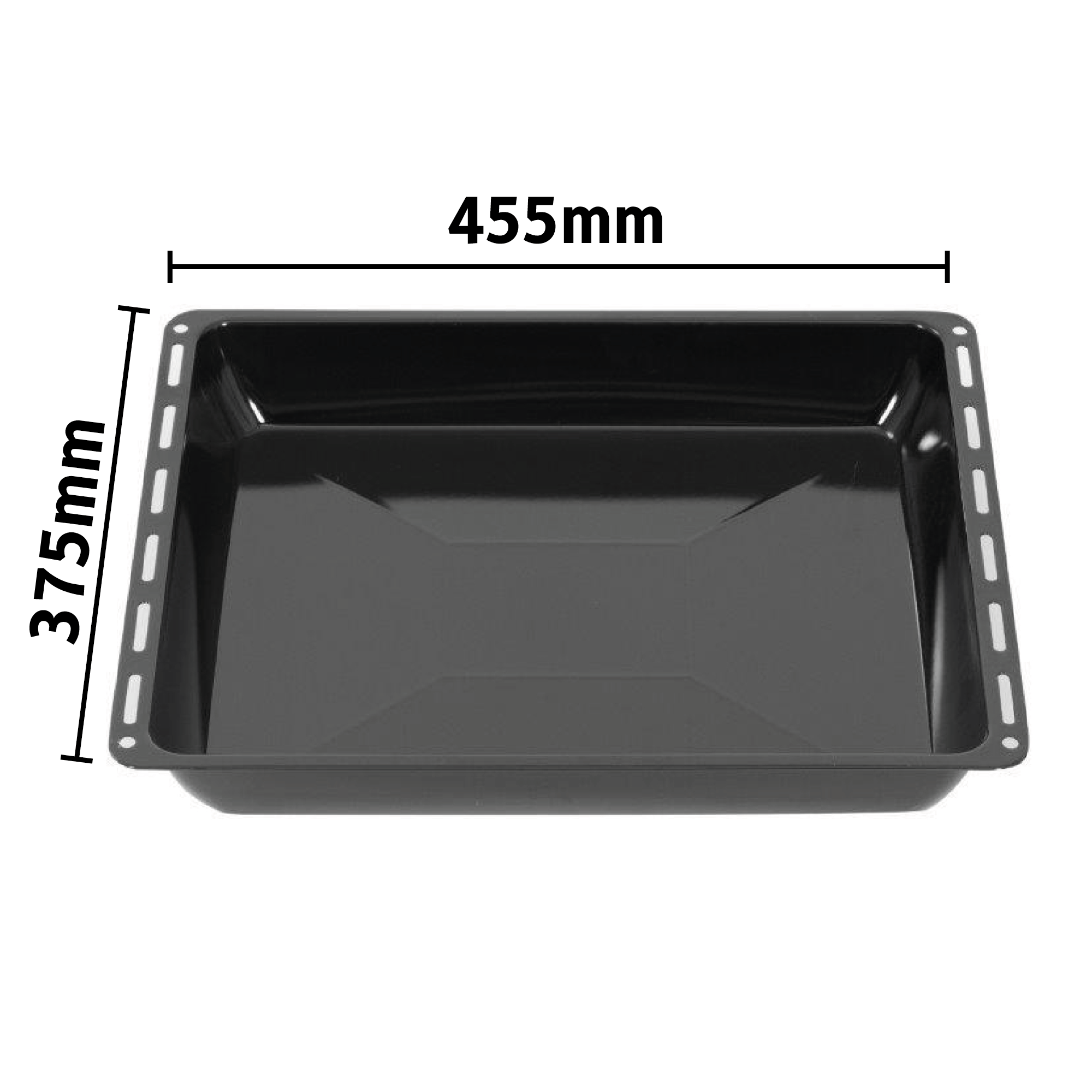 Rechteckiges schwarzes Backblech mit den Maßen 455 mm x 375 mm.