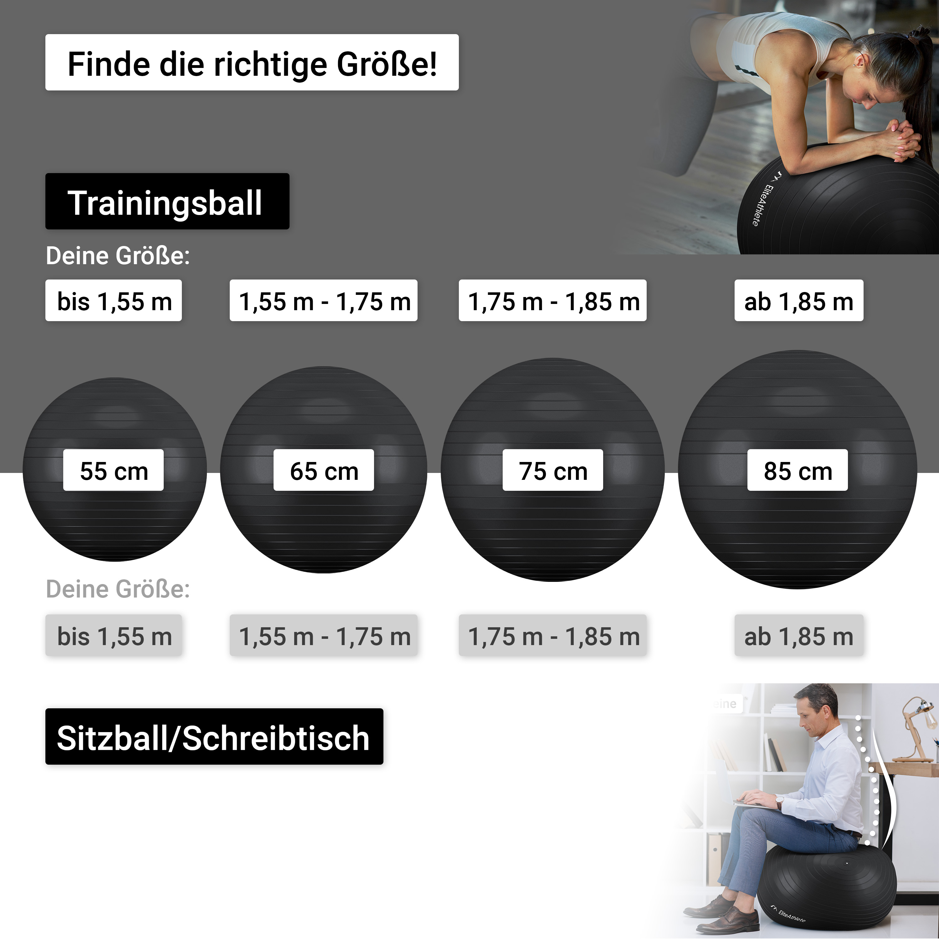 Gymnastikbälle, Größen und eine Person, die trainiert. Eine andere Person sitzt.