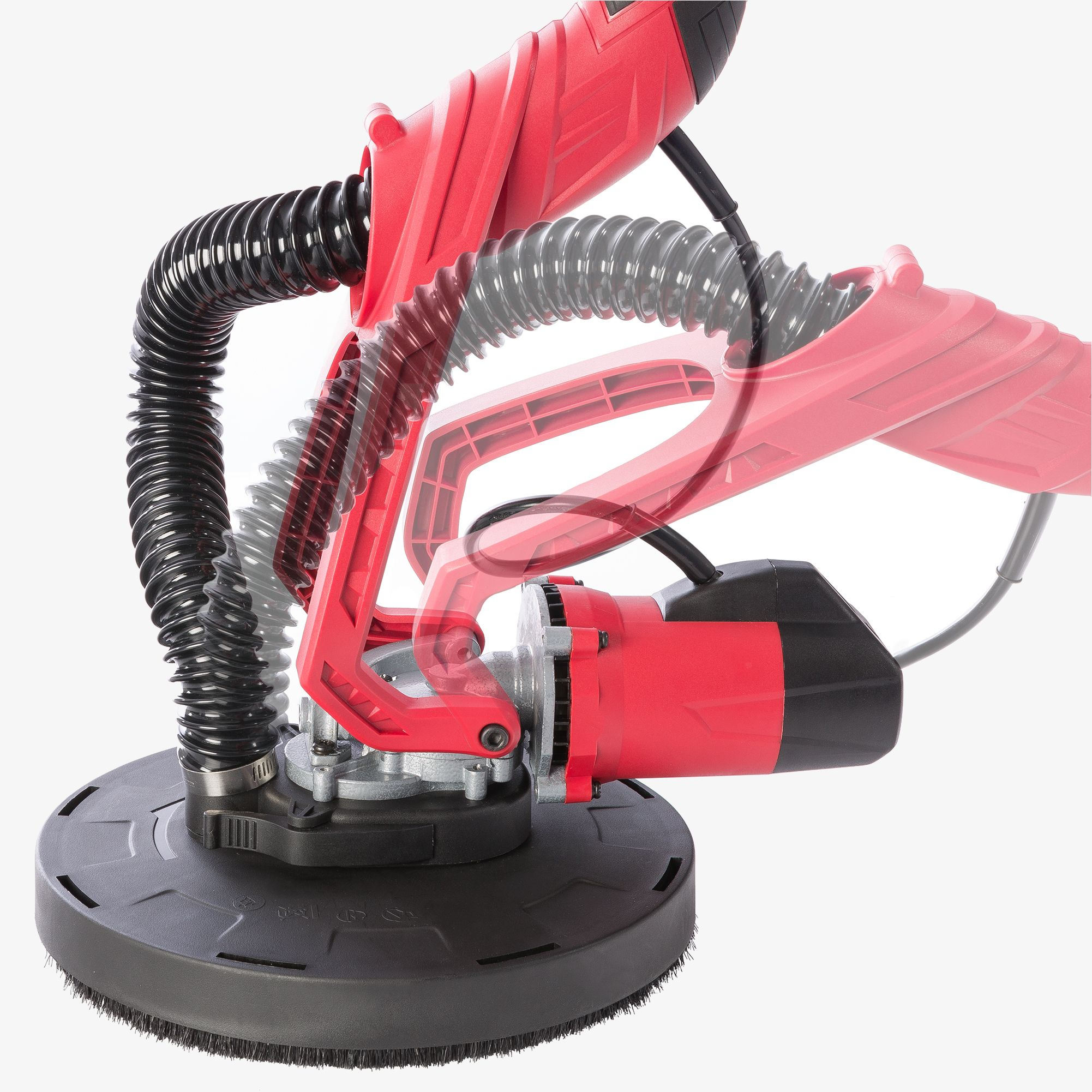 Roter Trockenbauschleifer mit rundem Schleifteller und flexiblem Staubabsaugschlauch.