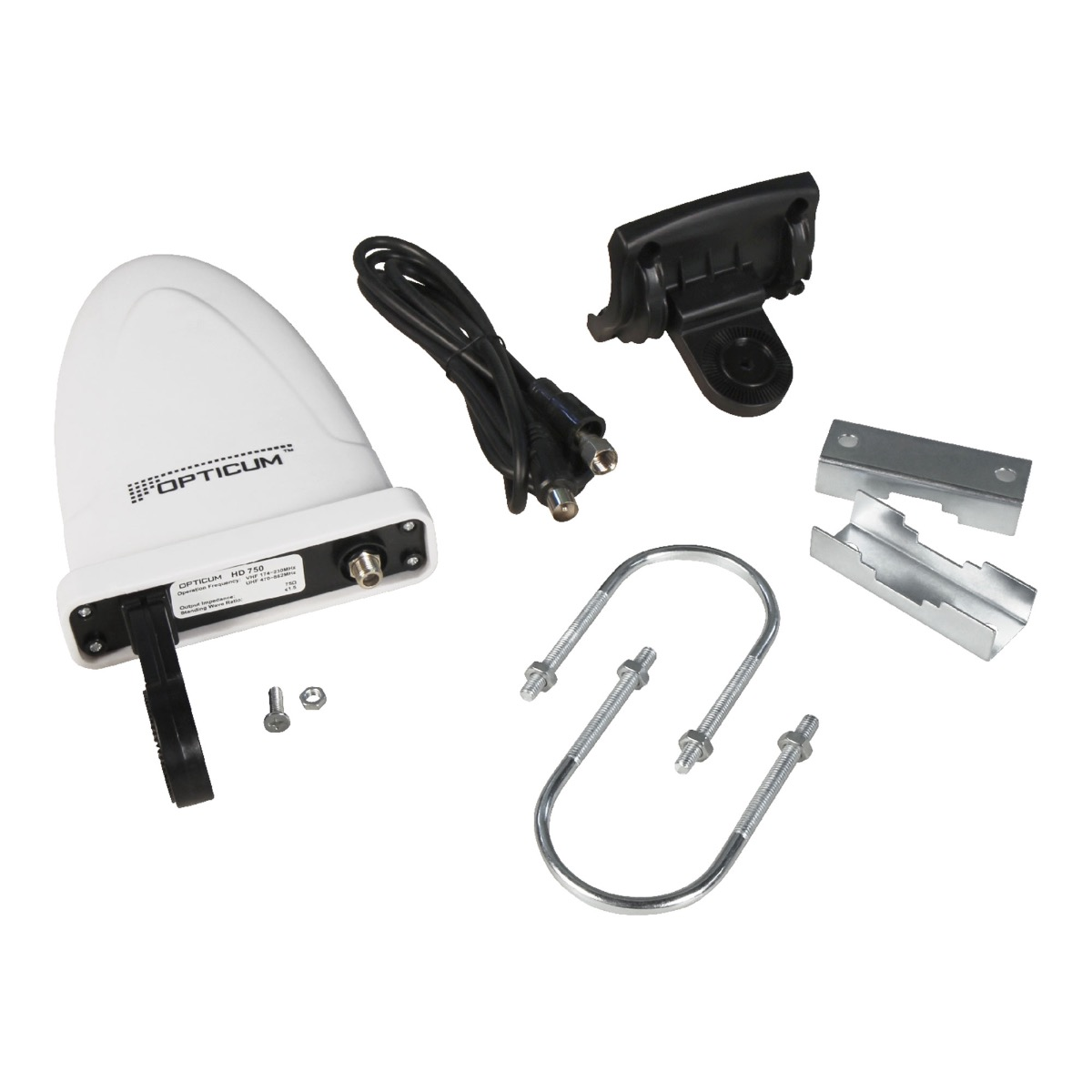 Weiße Antenne mit schwarzem Kabel und Montagezubehör. Weißer Hintergrund.