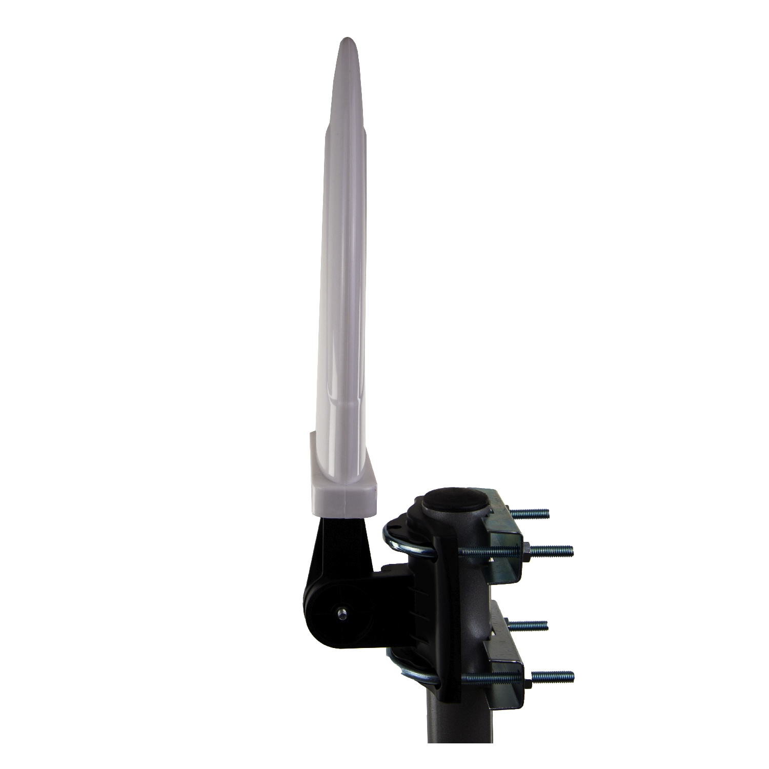Weiße Antenne mit schwarzer Halterung, verbunden mit schwarzer Basis. Weißer Hintergrund.