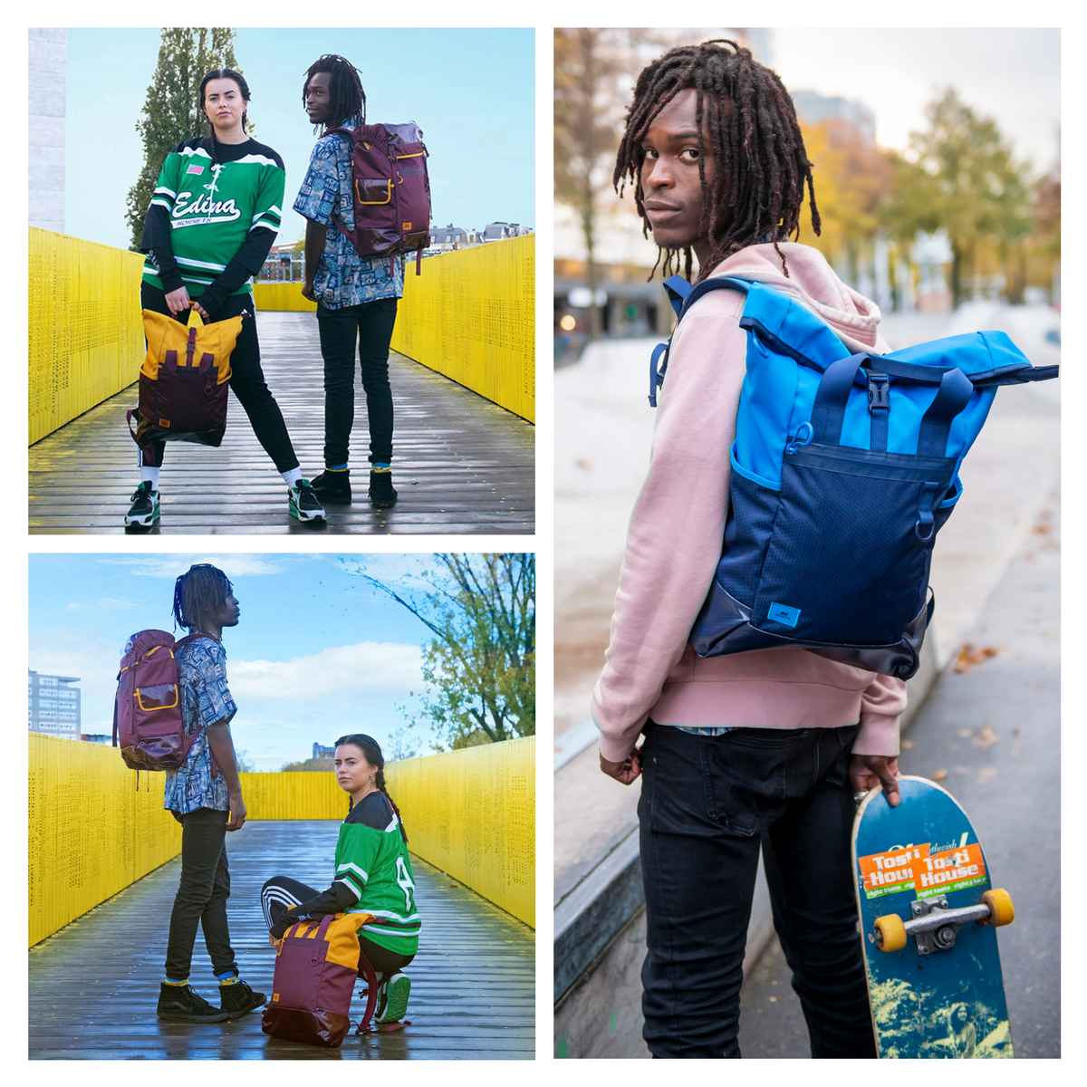 Collage di persone con zaini. Sono su un ponte giallo. Uno tiene uno skateboard.