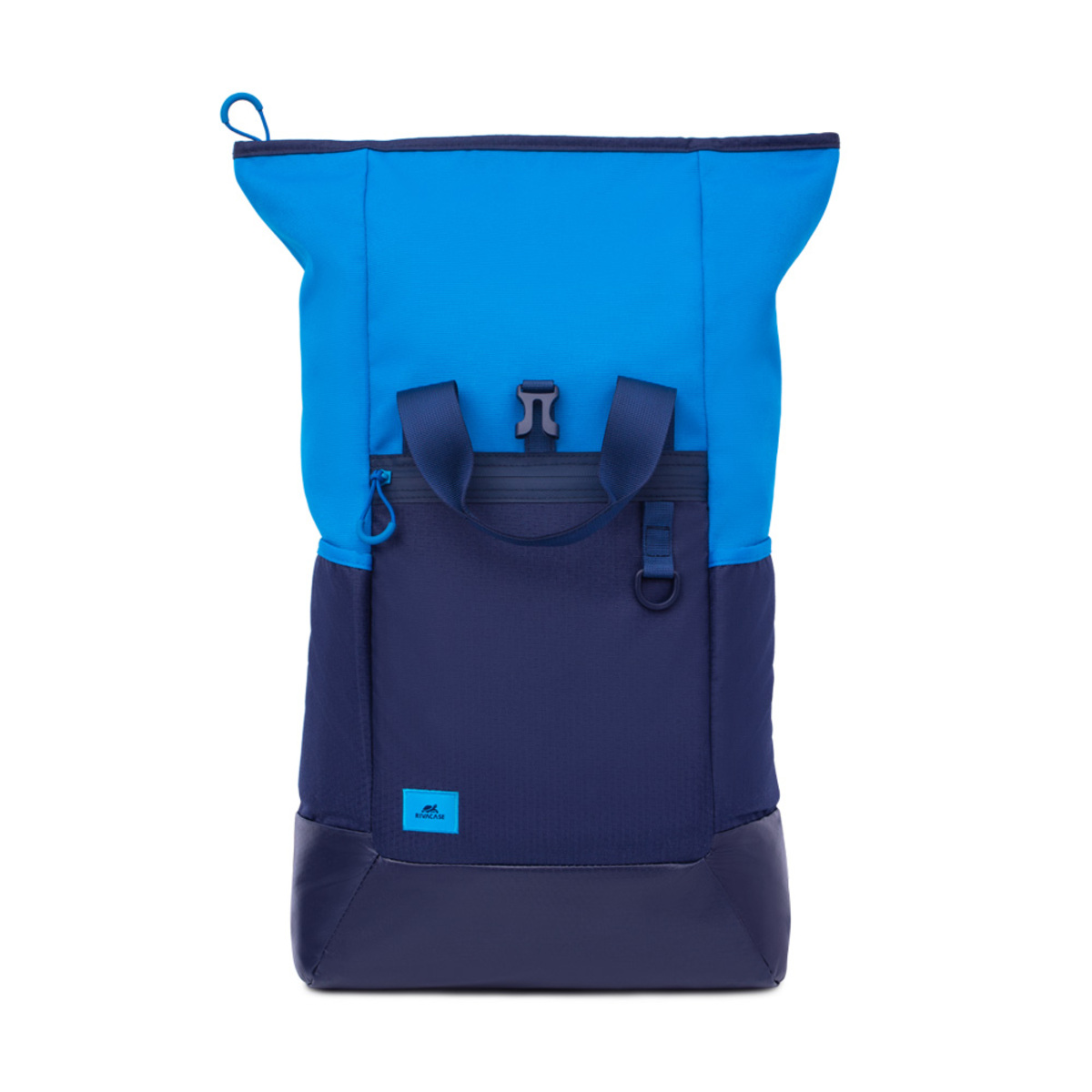 Zaino blu e blu navy isolato su bianco.