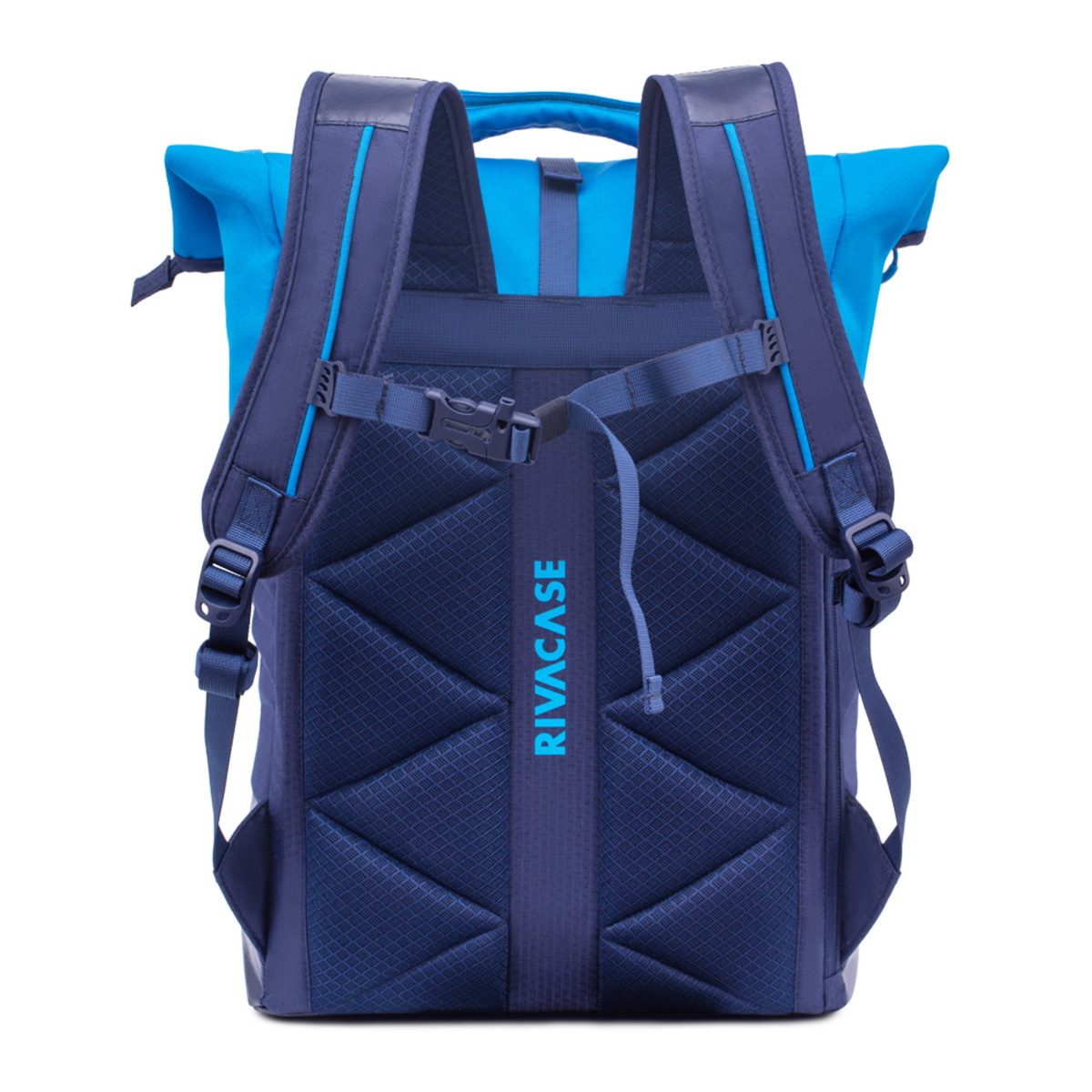 Zaino blu con cinghie nere e chiusura arrotolabile blu. Logo RIVACASE sul retro.