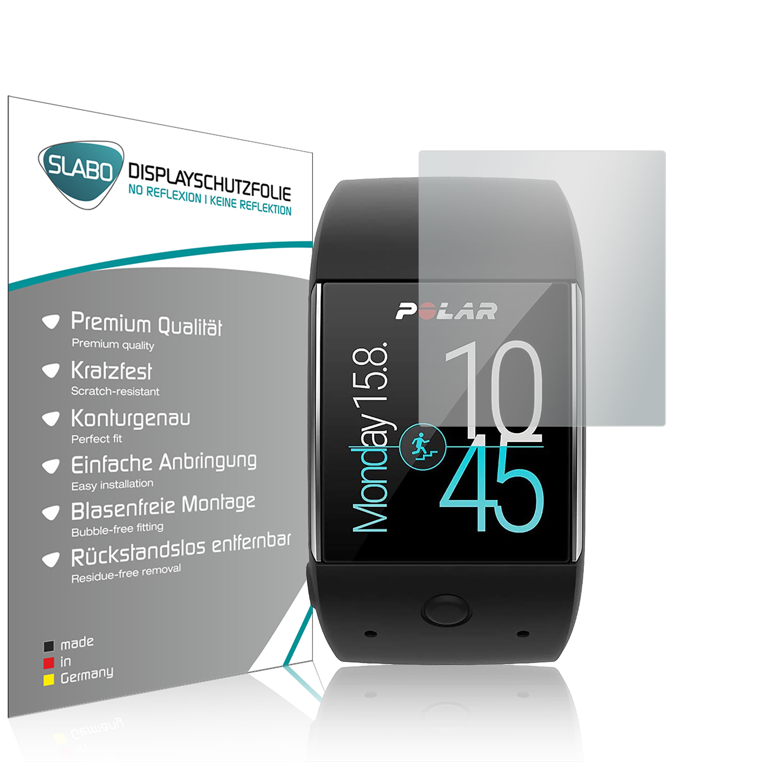Schwarze Smartwatch mit Displayschutz und Verpackung. Uhr zeigt Montag 15.8 und Uhrzeit. Auf Weiß isoliert.