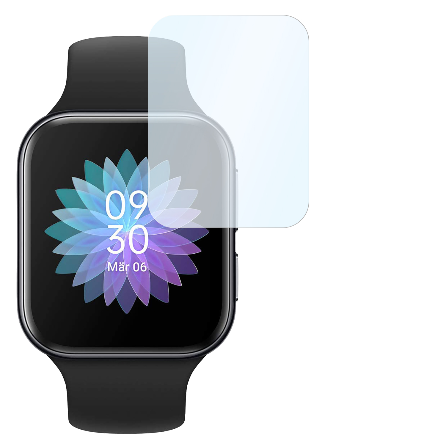 Schwarze Smartwatch mit Displayschutzfolie auf weißem Hintergrund.