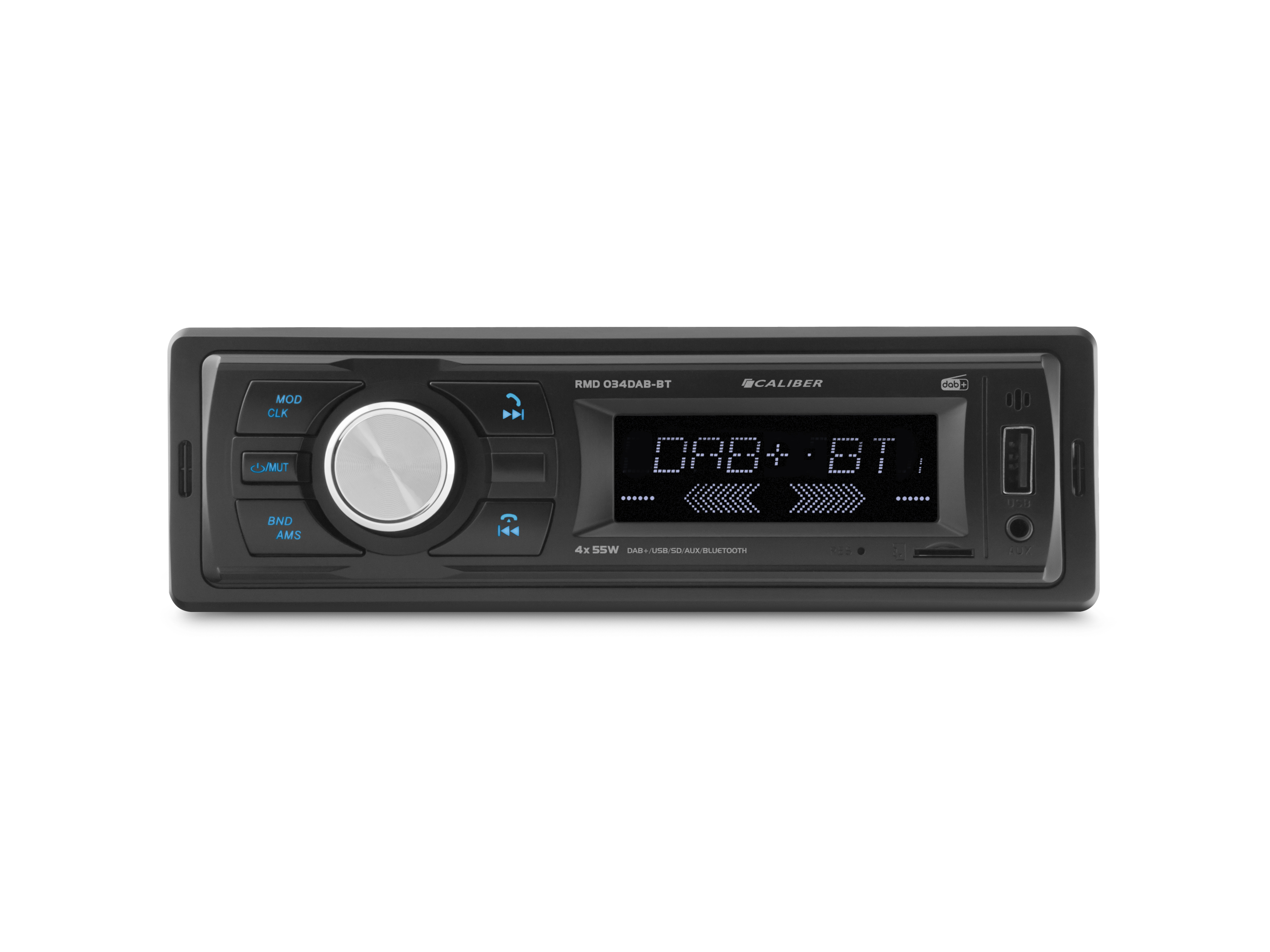 Black car stereo with a digital display showing DAB+ BT, buttons, and CALIBER branding on a white surface.
