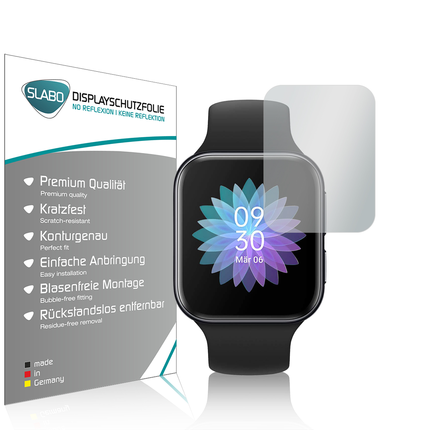 Smartwatch-Displayschutzfolie mit Uhr auf weißem Hintergrund.