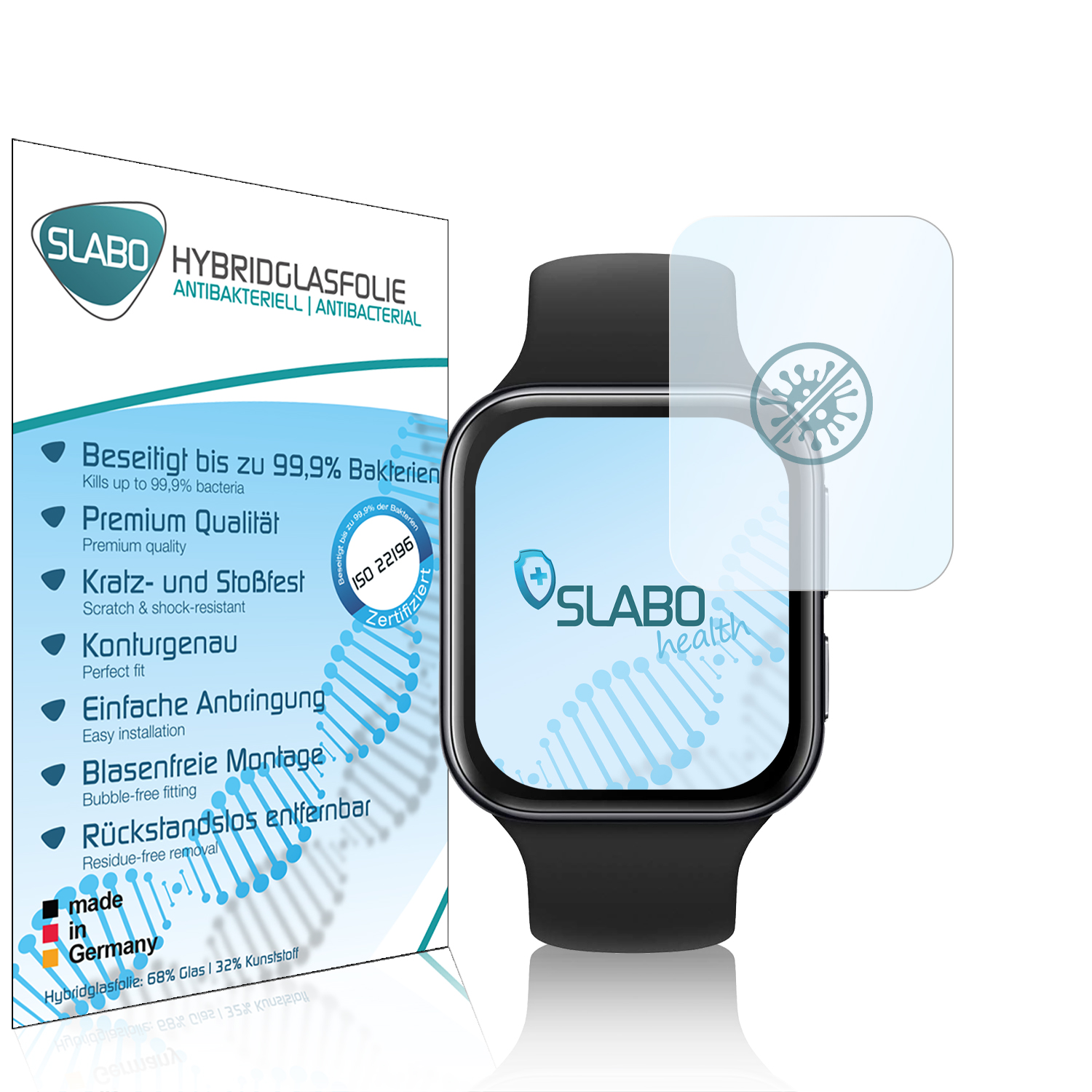 Smartwatch und Displayschutzfolien-Verpackung. Die Verpackung zeigt Produktinformationen und eine Folie.