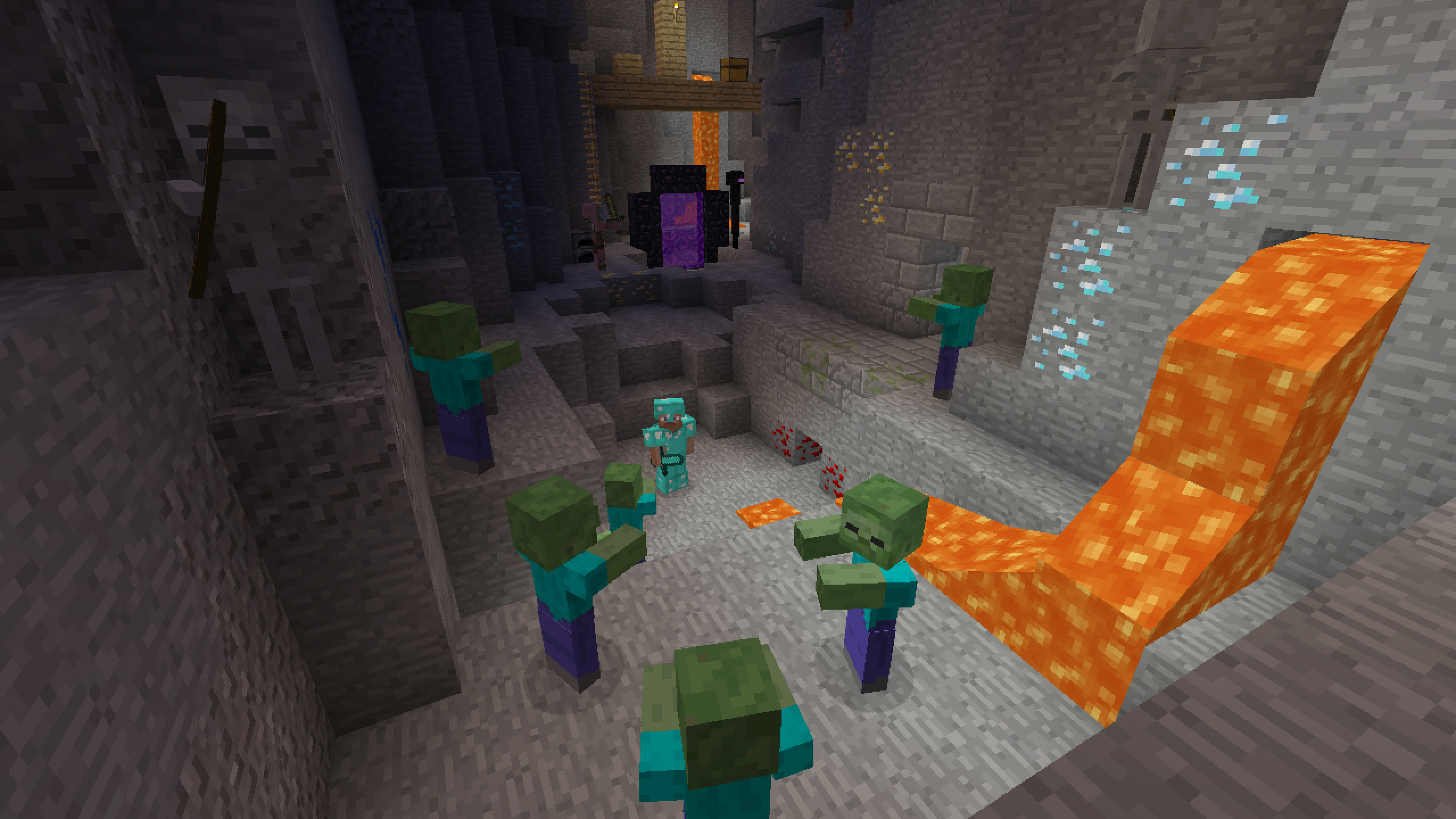 Eine Minecraft-Szene mit Zombies, Lava und einem Netherportal in einer Höhle.