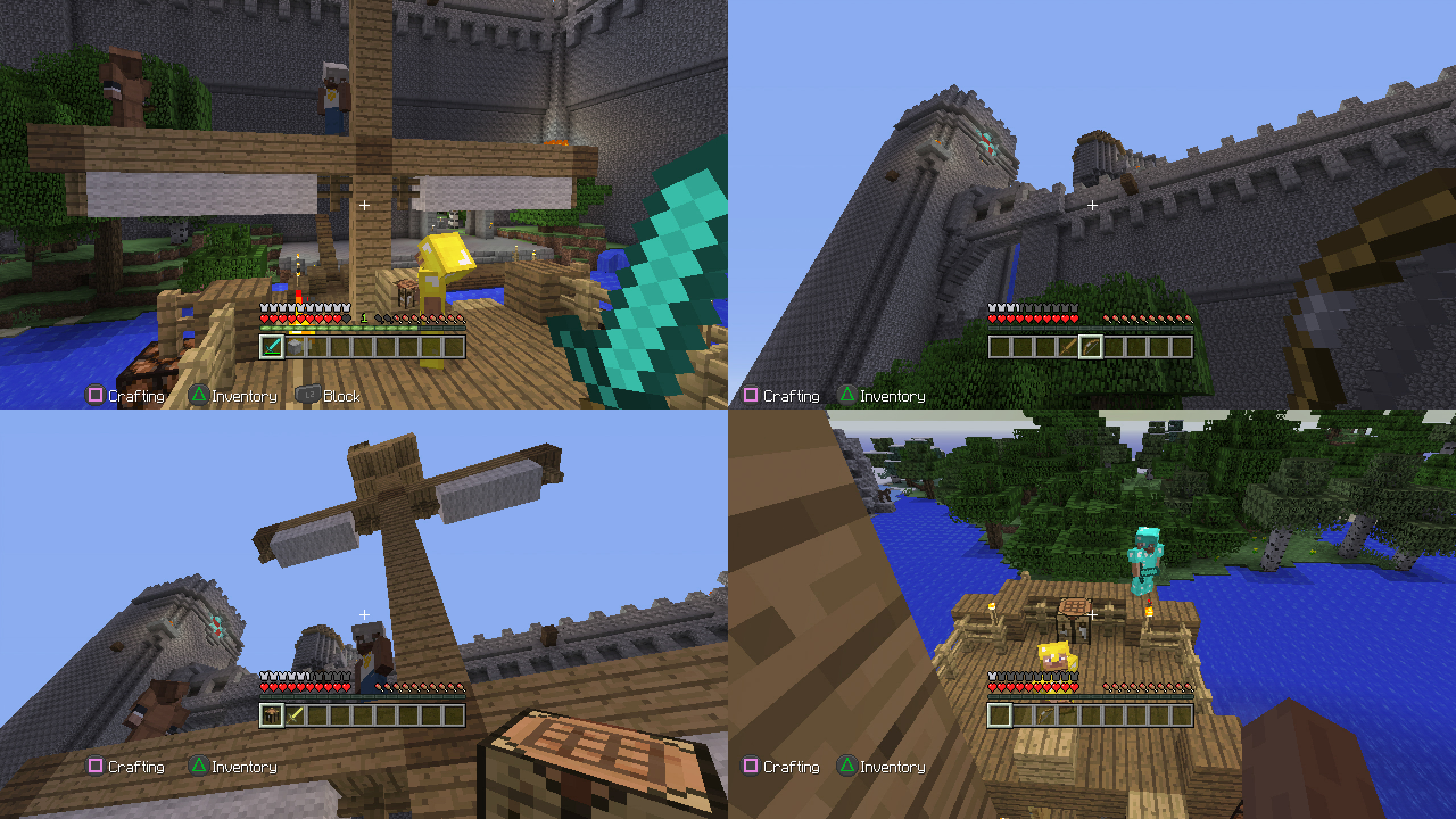 Minecraft-Spiel, das auf vier Bildschirmen gespielt wird und verschiedene Ansichten eines Holzschiffs und einer Festung zeigt.