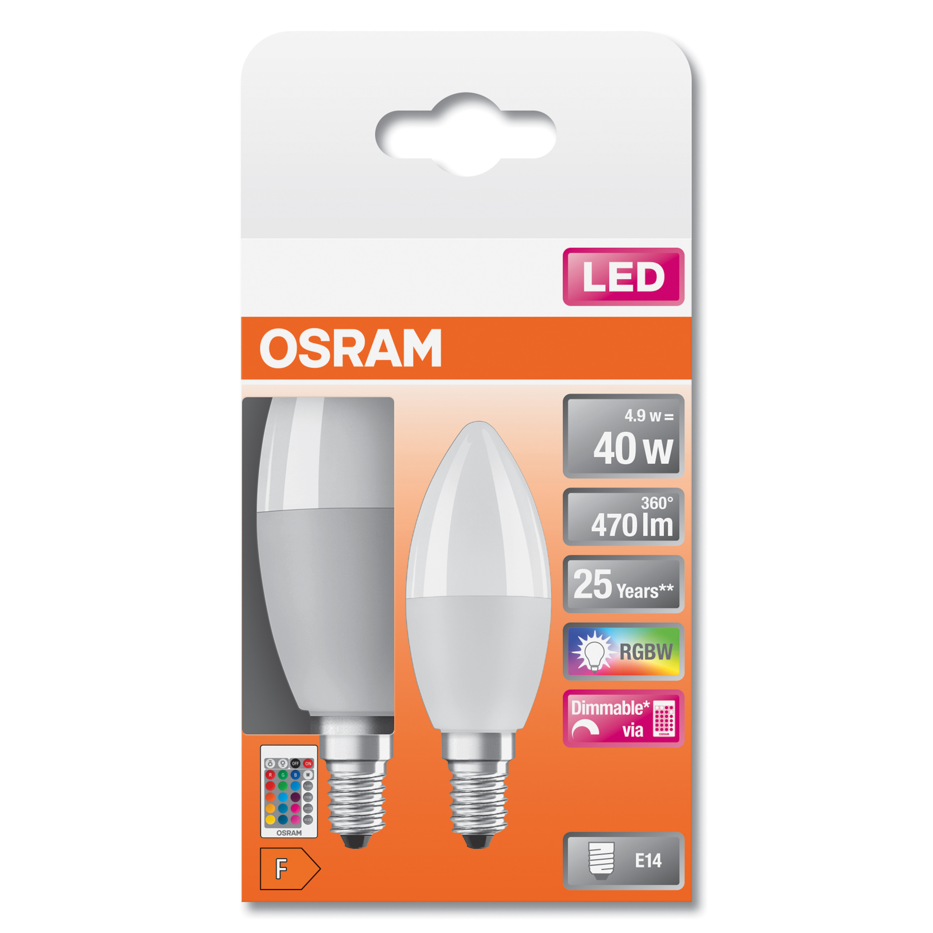 LED-Glühbirne in Verpackung. Die Verpackung zeigt Markennamen, Birnenspezifikationen und Funktionen.