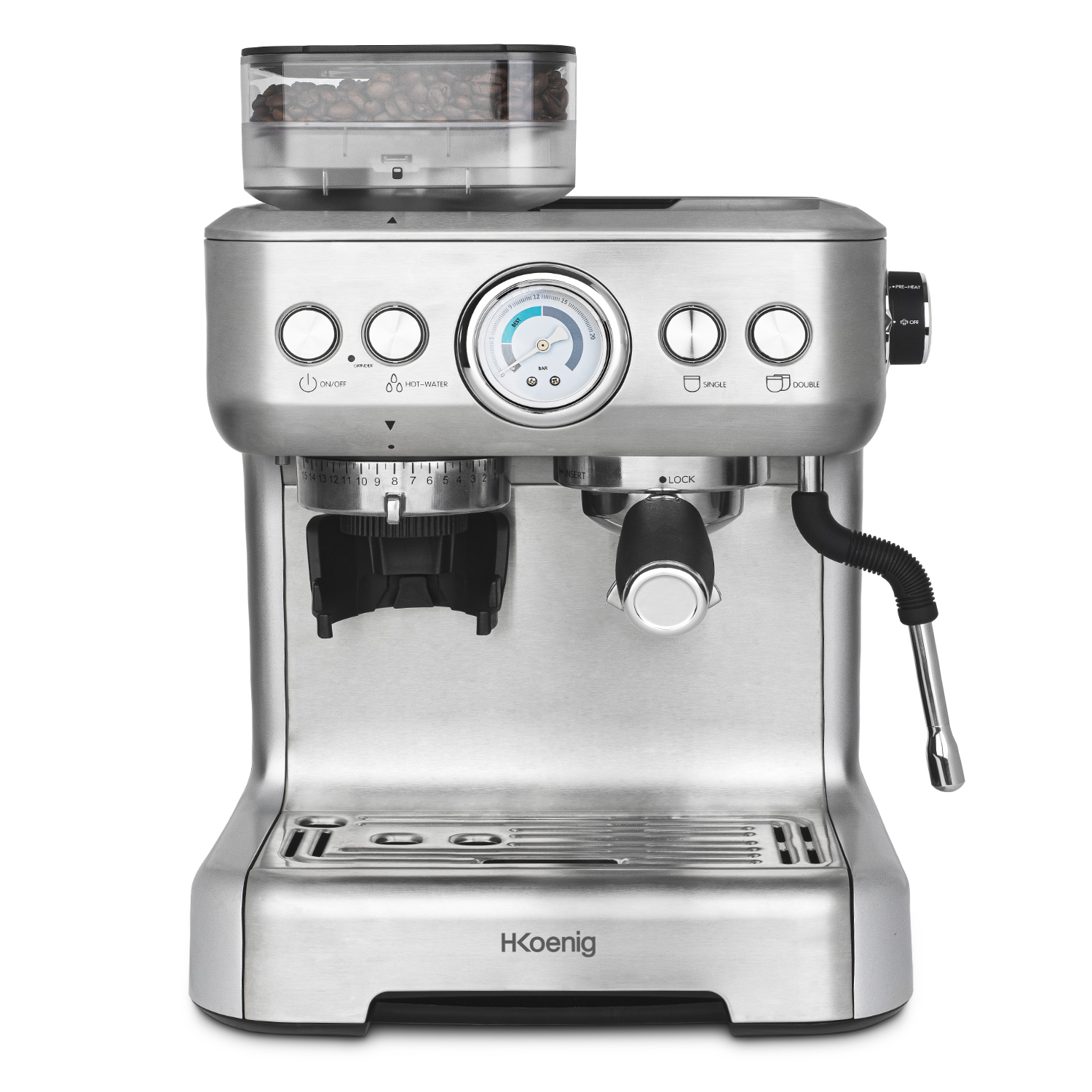 Macchina per espresso in acciaio inossidabile con contenitore per chicchi di caffè. Sfondo bianco.