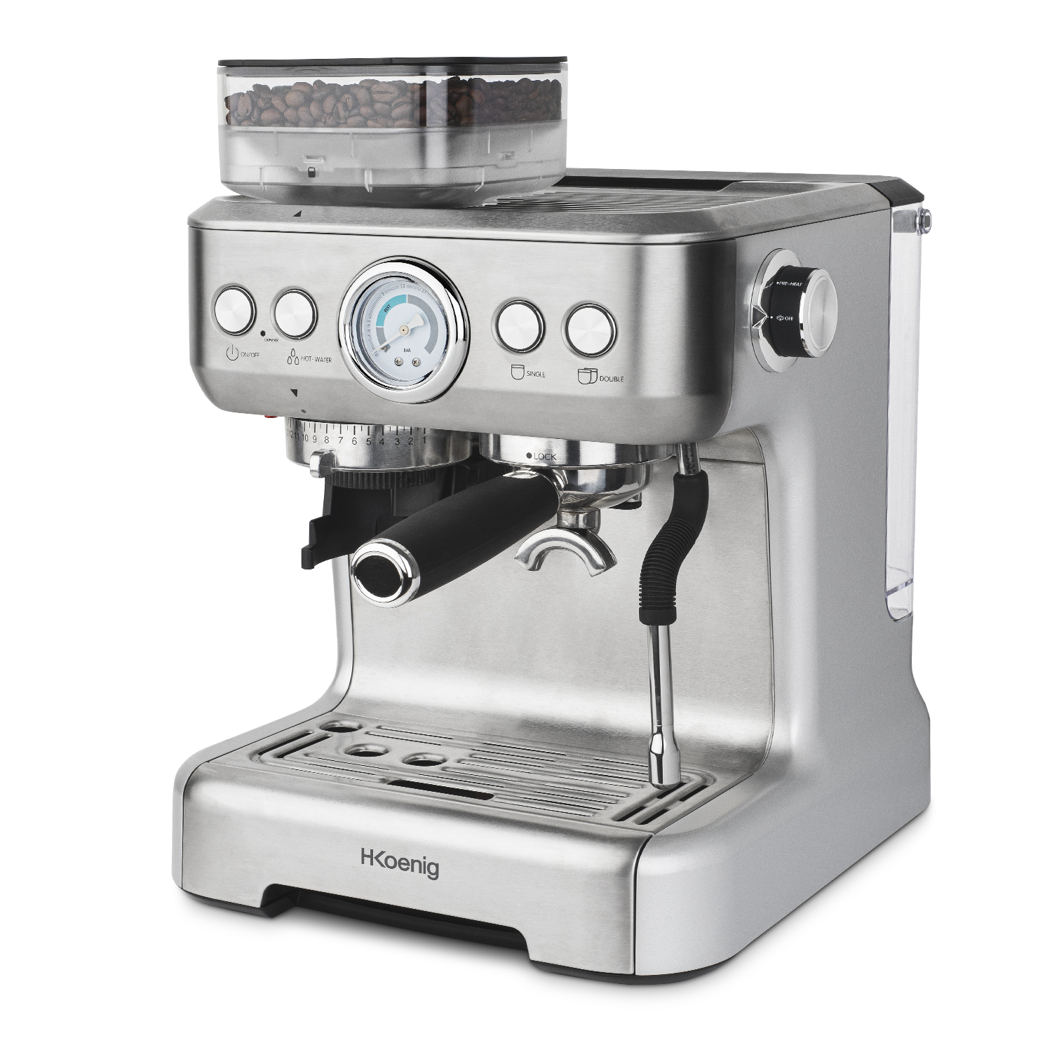 Macchina per espresso argentata con macinacaffè. Ha pulsanti, un indicatore e un portafiltro.
