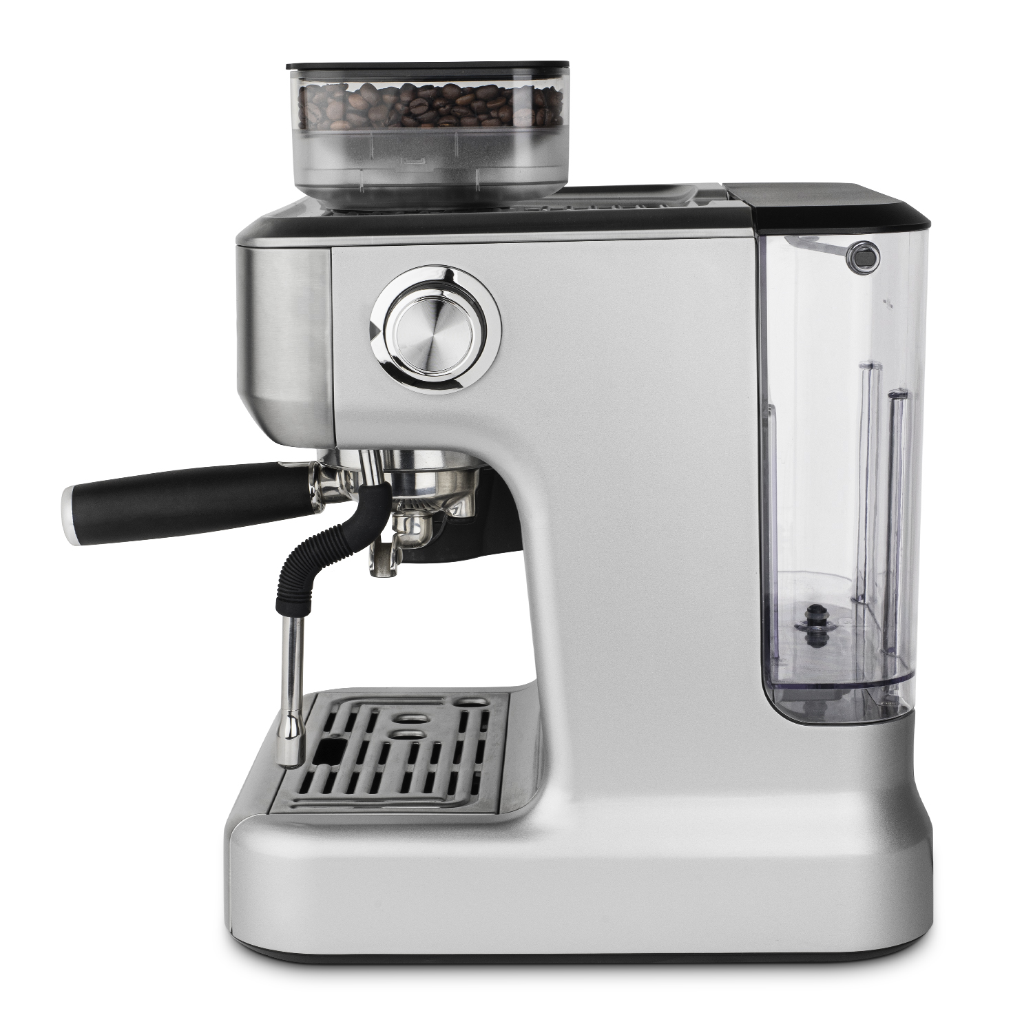 Macchina per caffè argento e nera con contenitore per chicchi di caffè.