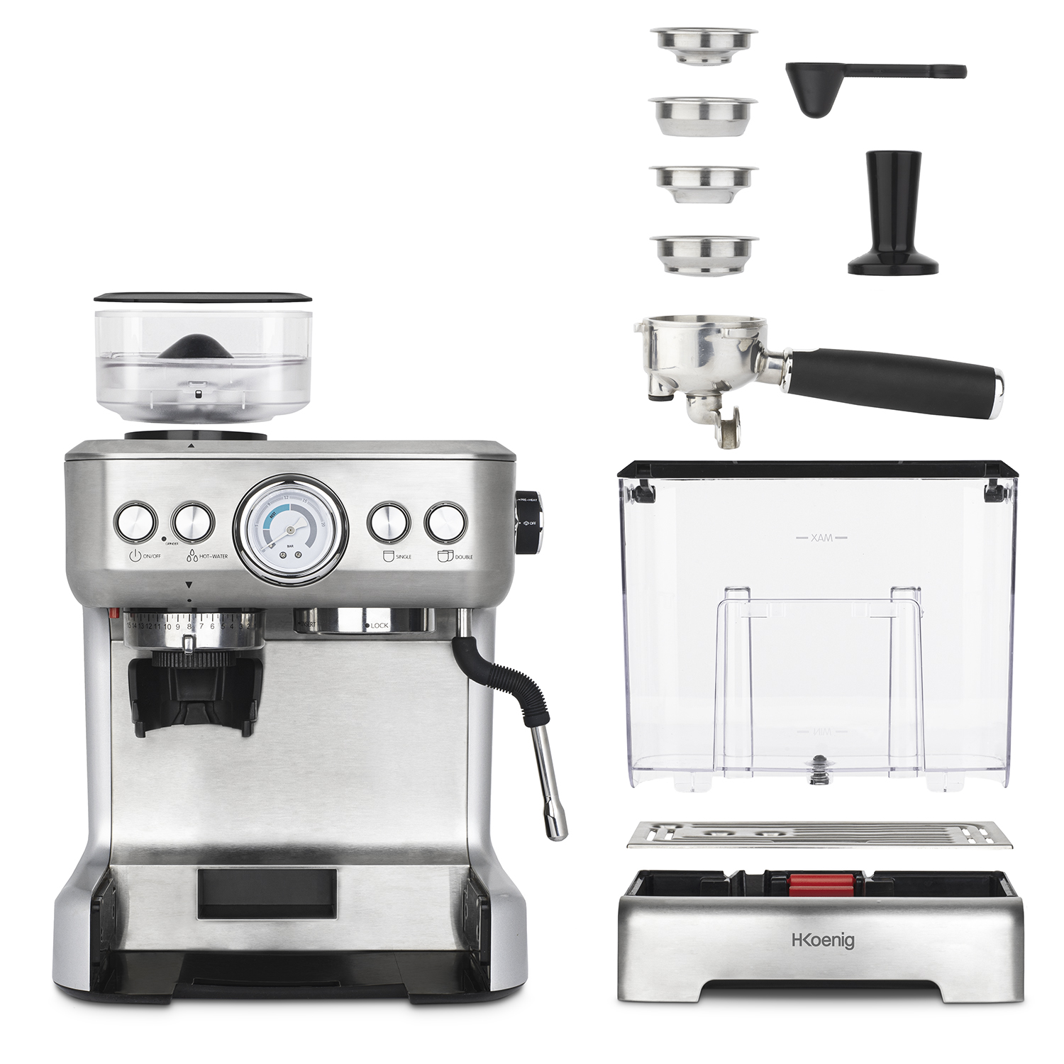 Una macchina per espresso argentata con accessori. Include un macinacaffè, un serbatoio dell'acqua e un portafiltro.