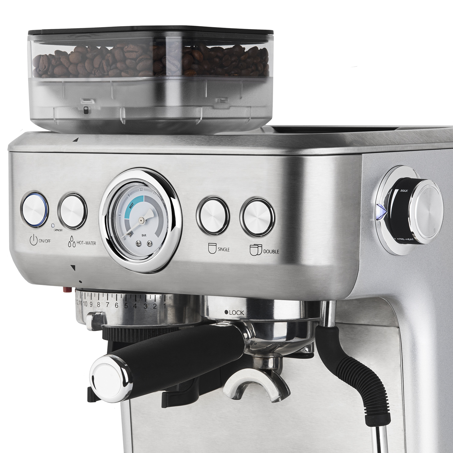Una macchina per l'espresso con contenitore per chicchi e pulsanti per on/off, vapore e singolo/doppio.