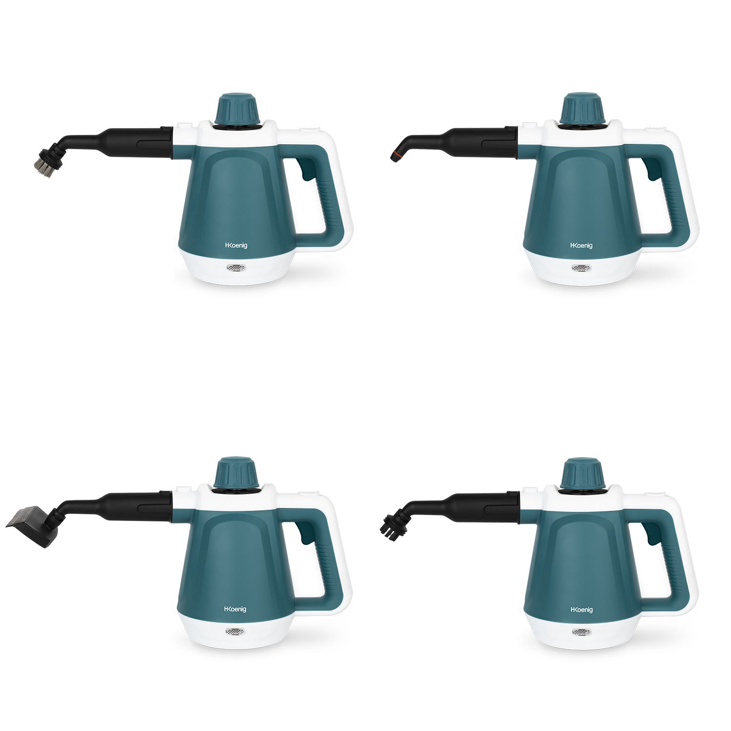 Zestaw czterech zielono-białych ręcznych odkurzaczy parowych z różnymi nasadkami.