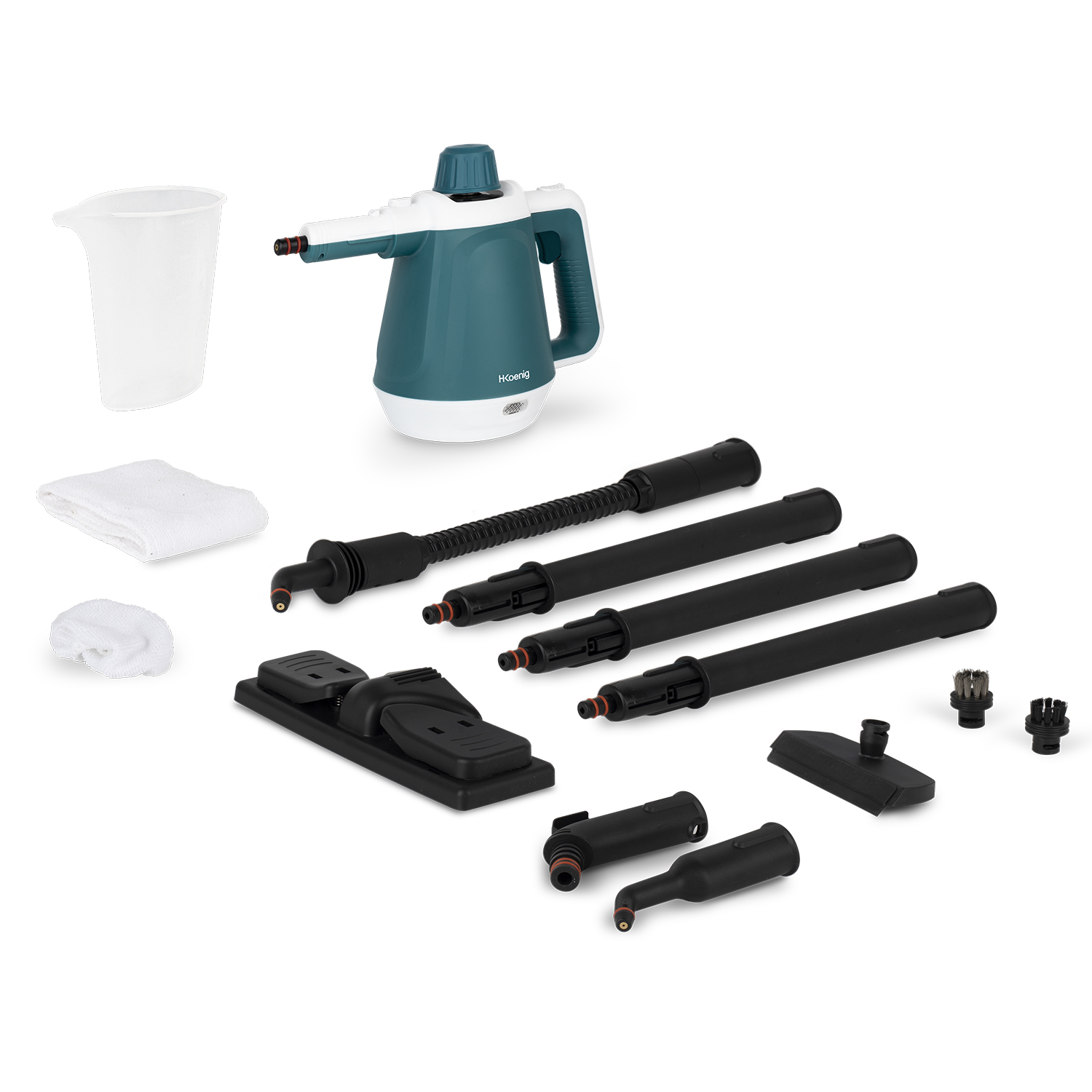 Biało-turkusowy ręczny odkurzacz parowy z wieloma załącznikami ułożonymi wokół niego.