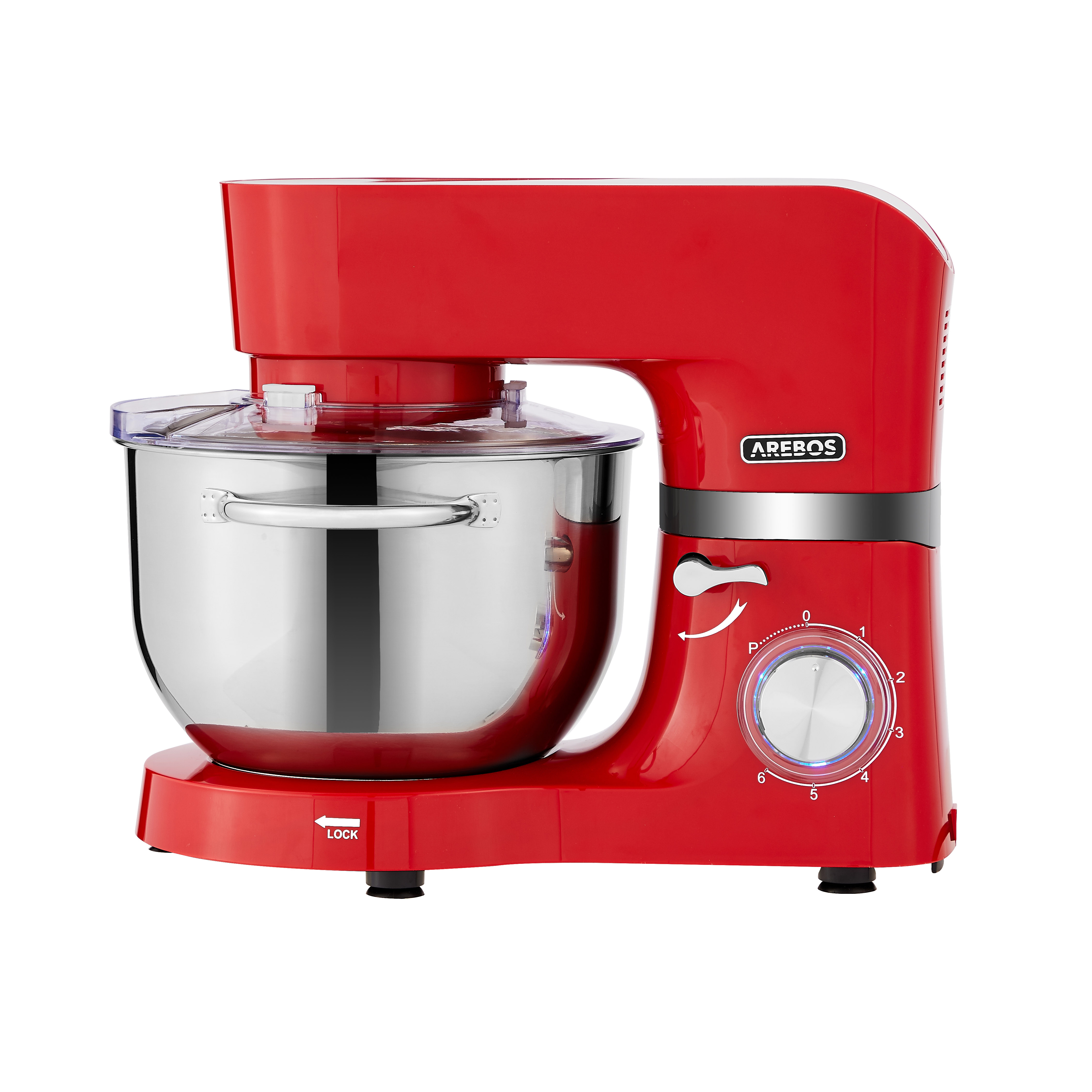 Ein roter Küchenmixer mit einer Edelstahlschüssel und transparentem Deckel. Er hat ein Zifferblatt und den Markennamen.