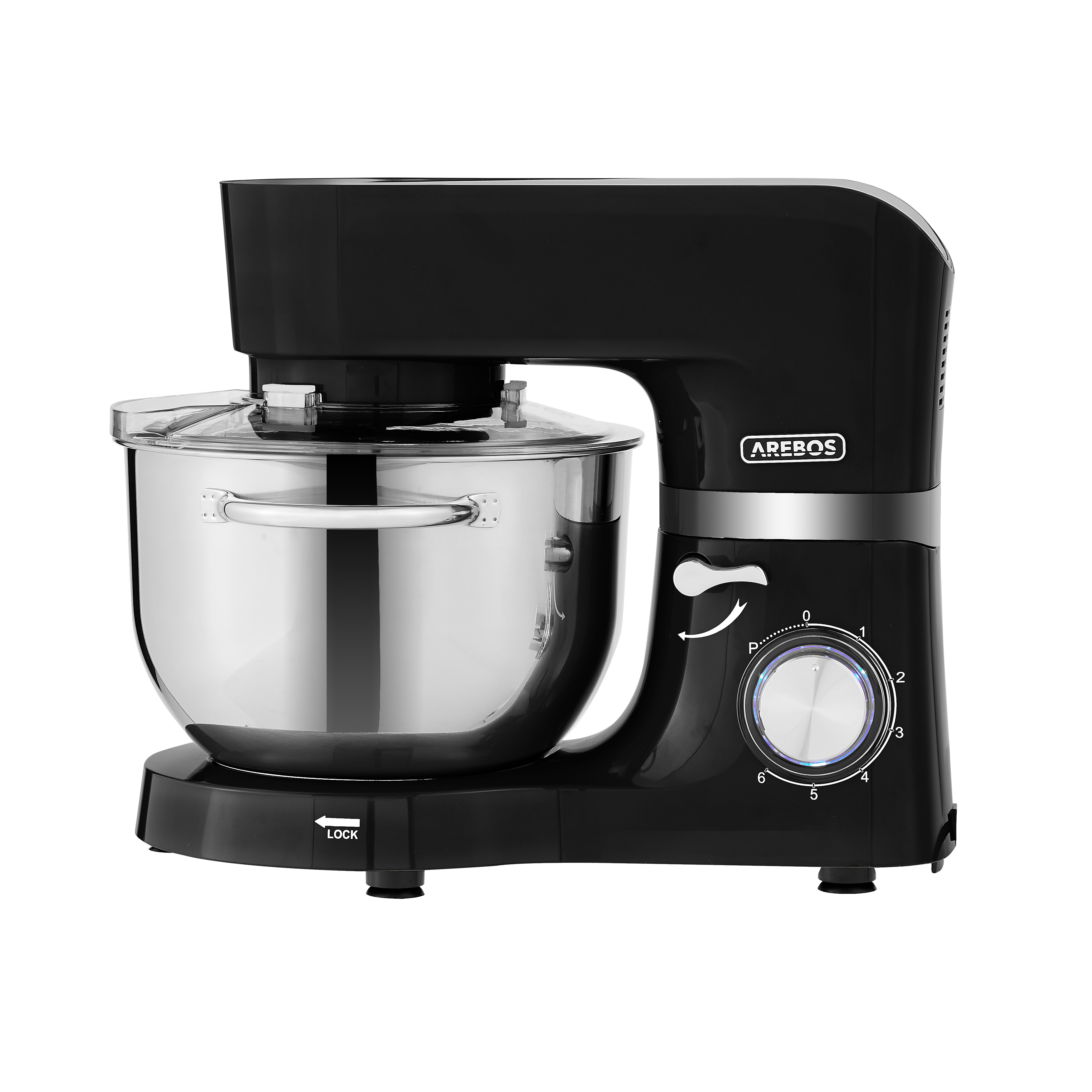 Schwarzer Küchen-Standmixer. Er hat eine Edelstahlschüssel und ein Rad von 0 bis 6. Weißer Hintergrund.