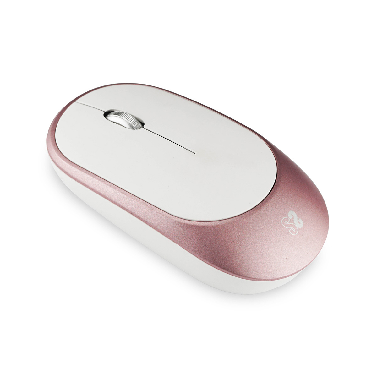 Biała i różowo-złota mysz komputerowa. Posiada kółko przewijania i znajduje się na białej powierzchni.