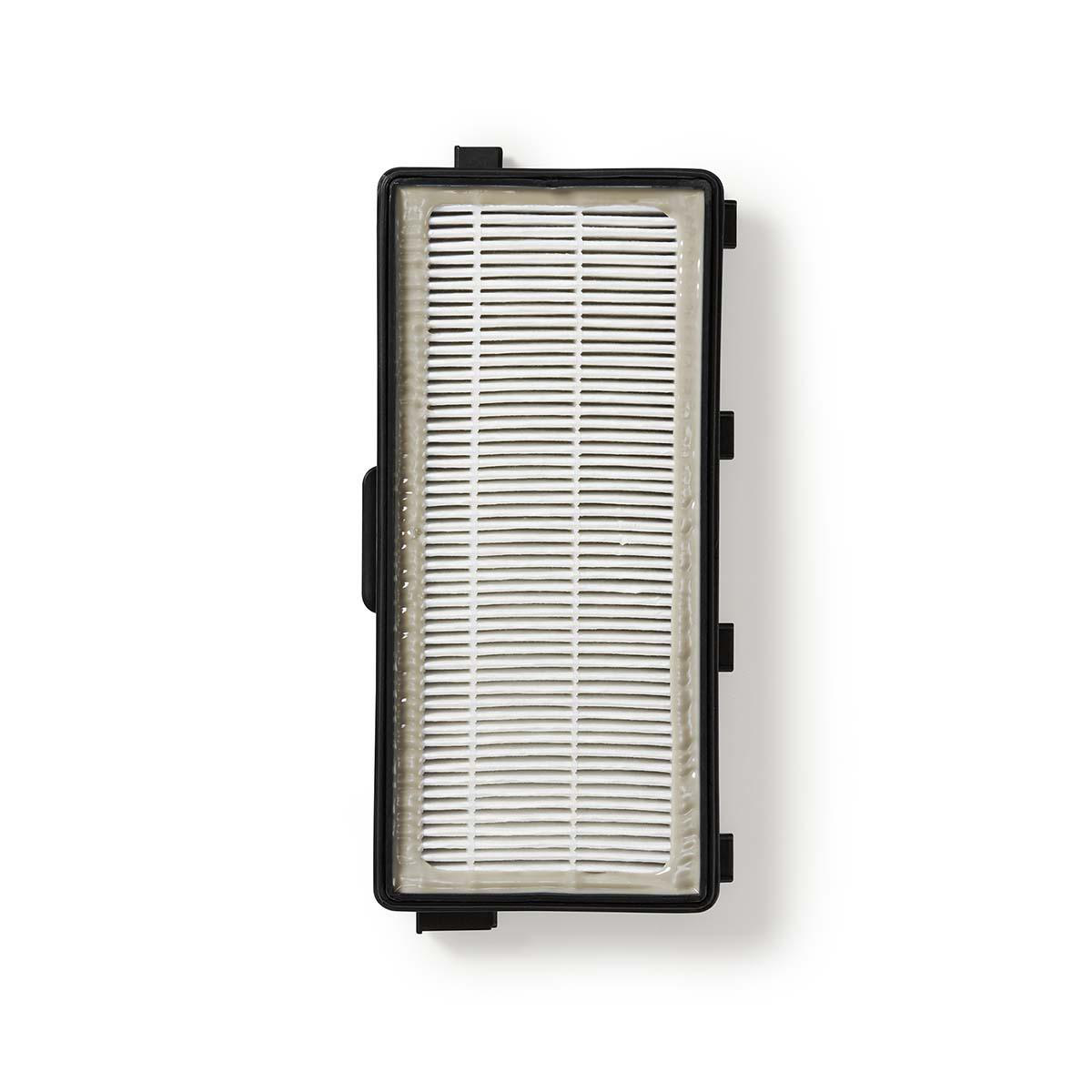 Rectangular air filter with black frame. White filter material with horizontal lines. White background.