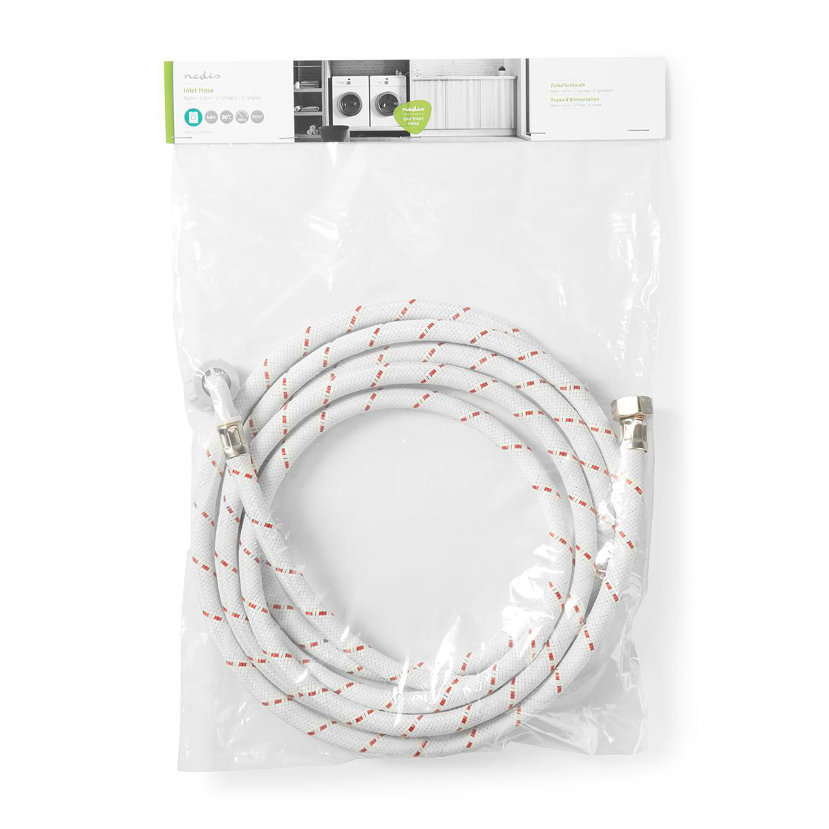 Eine transparente Plastiktüte enthält einen weißen Schlauch mit roten Streifen und Metallanschlüssen.