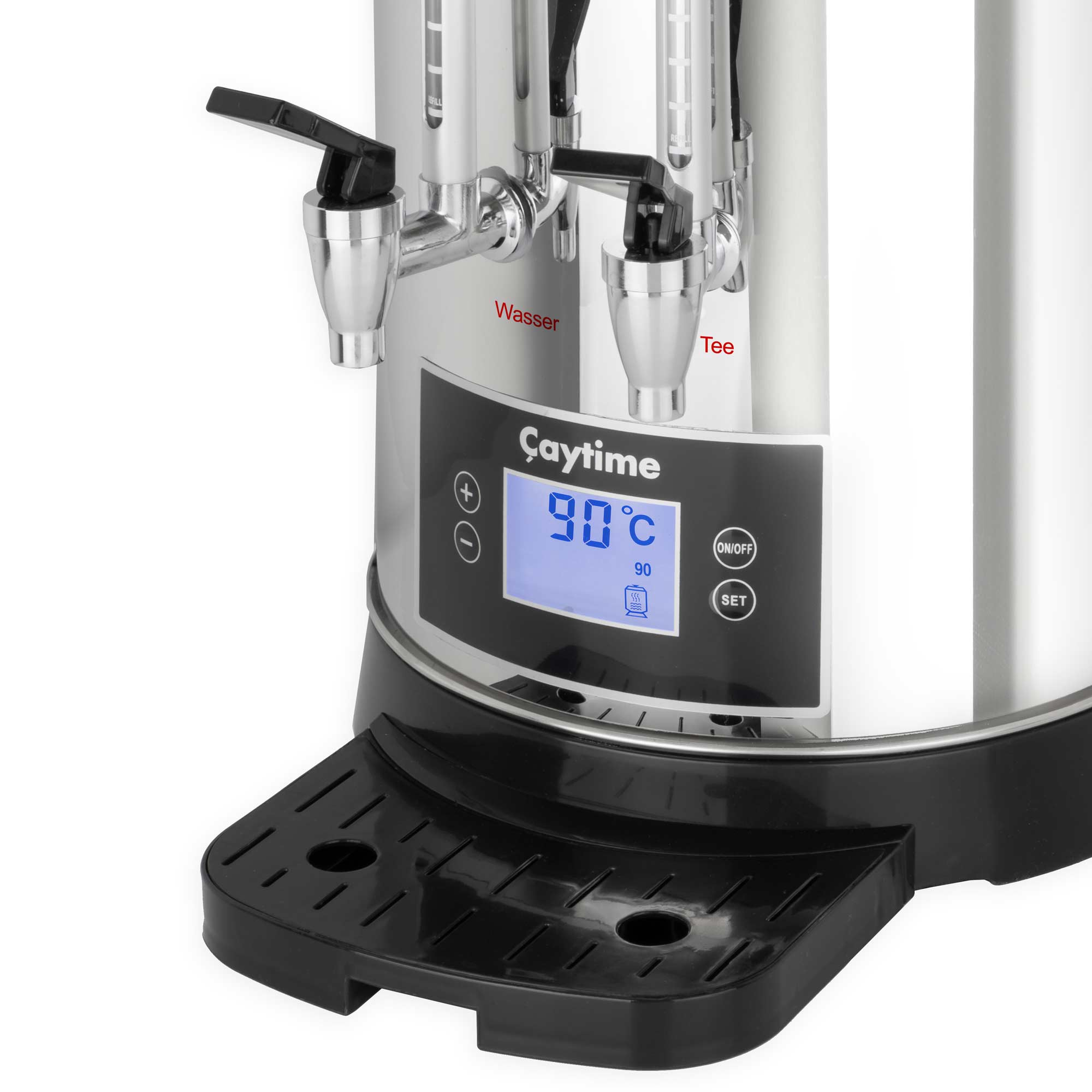 Wasserkocher aus Edelstahl mit Digitalanzeige und Hähnen. Schwarze Basis.