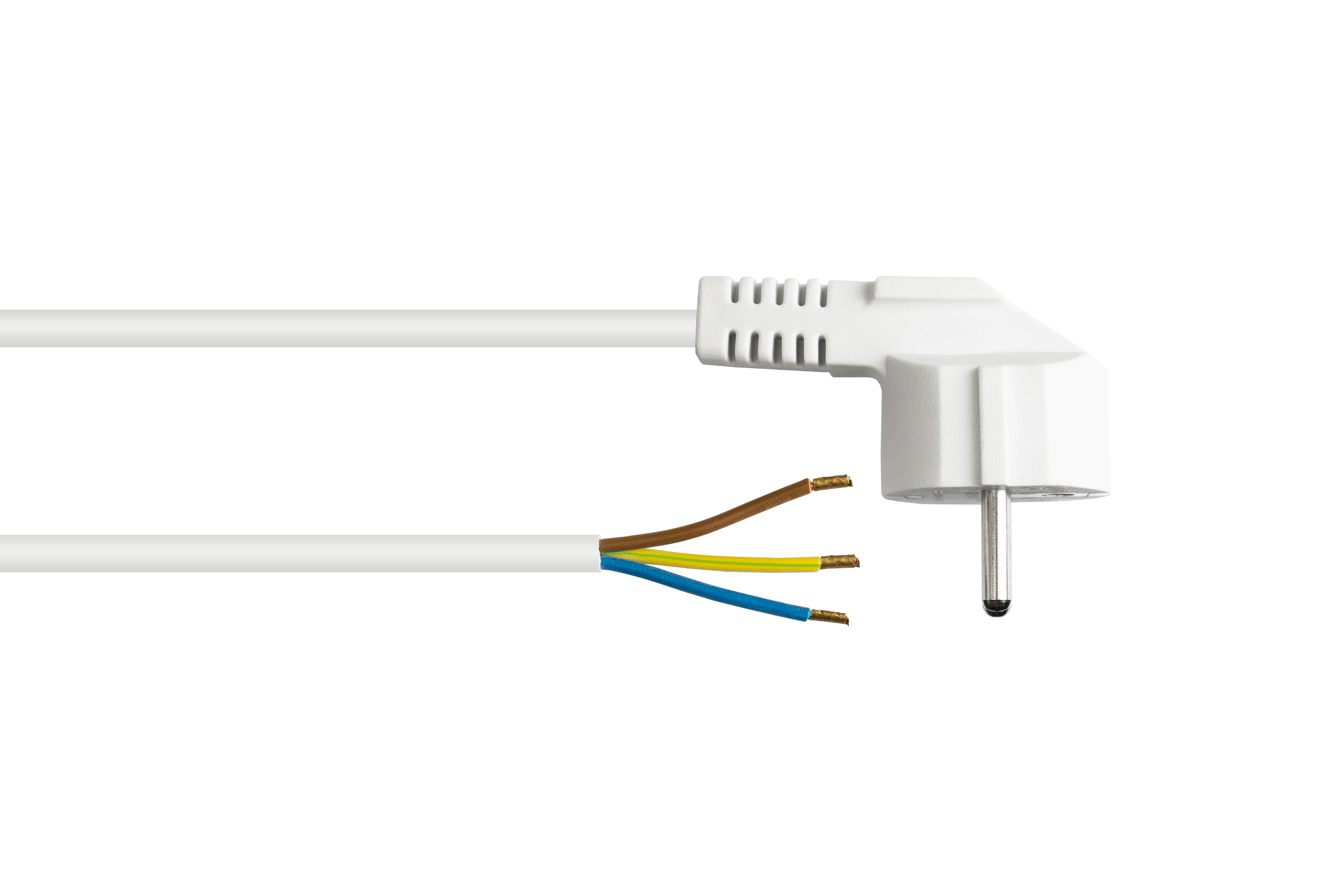 Weißes Elektrokabel mit drei farbigen Drähten und einem weißen Winkelstecker. Weißer Hintergrund.