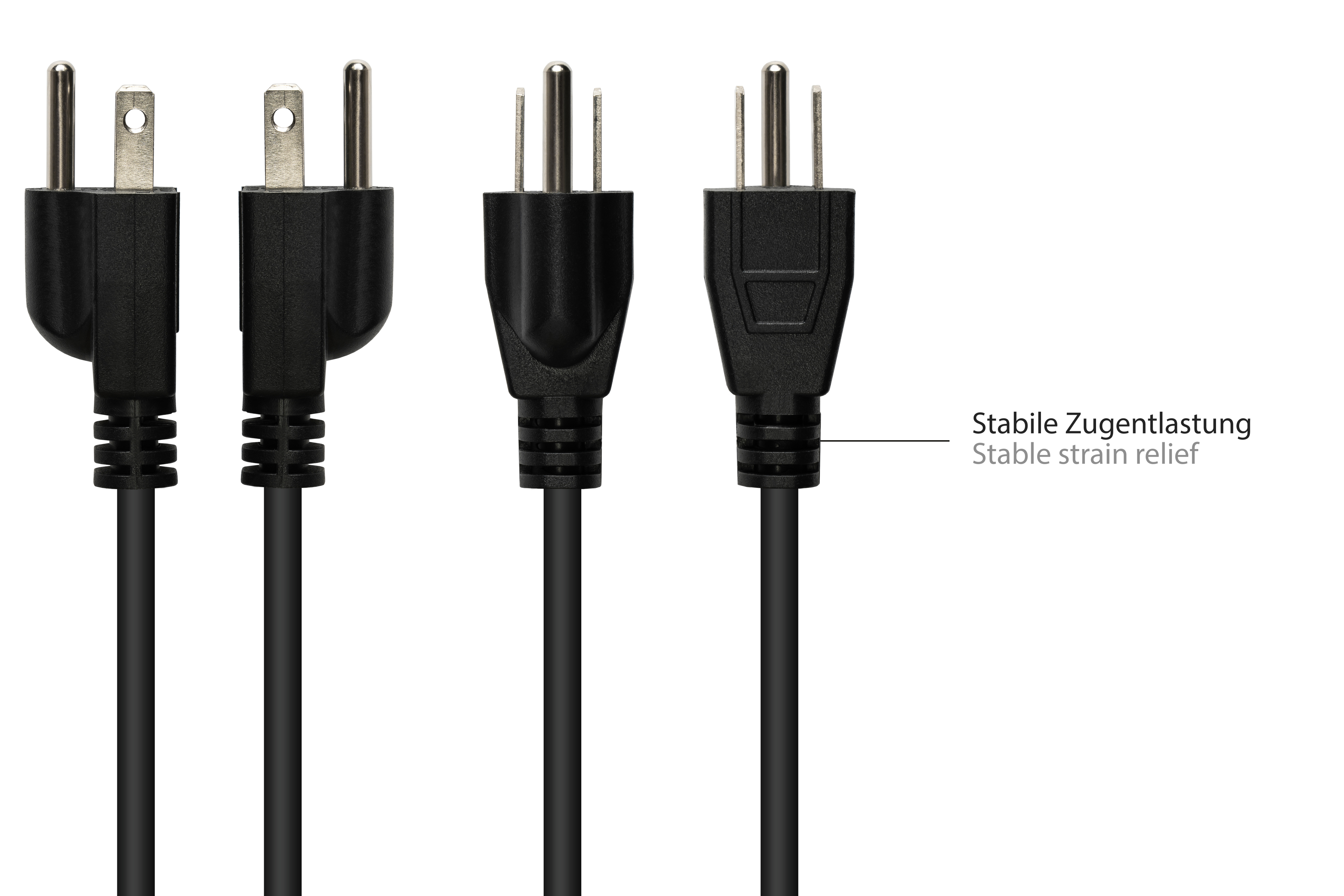 Vier schwarze Netzkabel mit verschiedenen Steckertypen auf weißem Hintergrund, mit Textlabel.