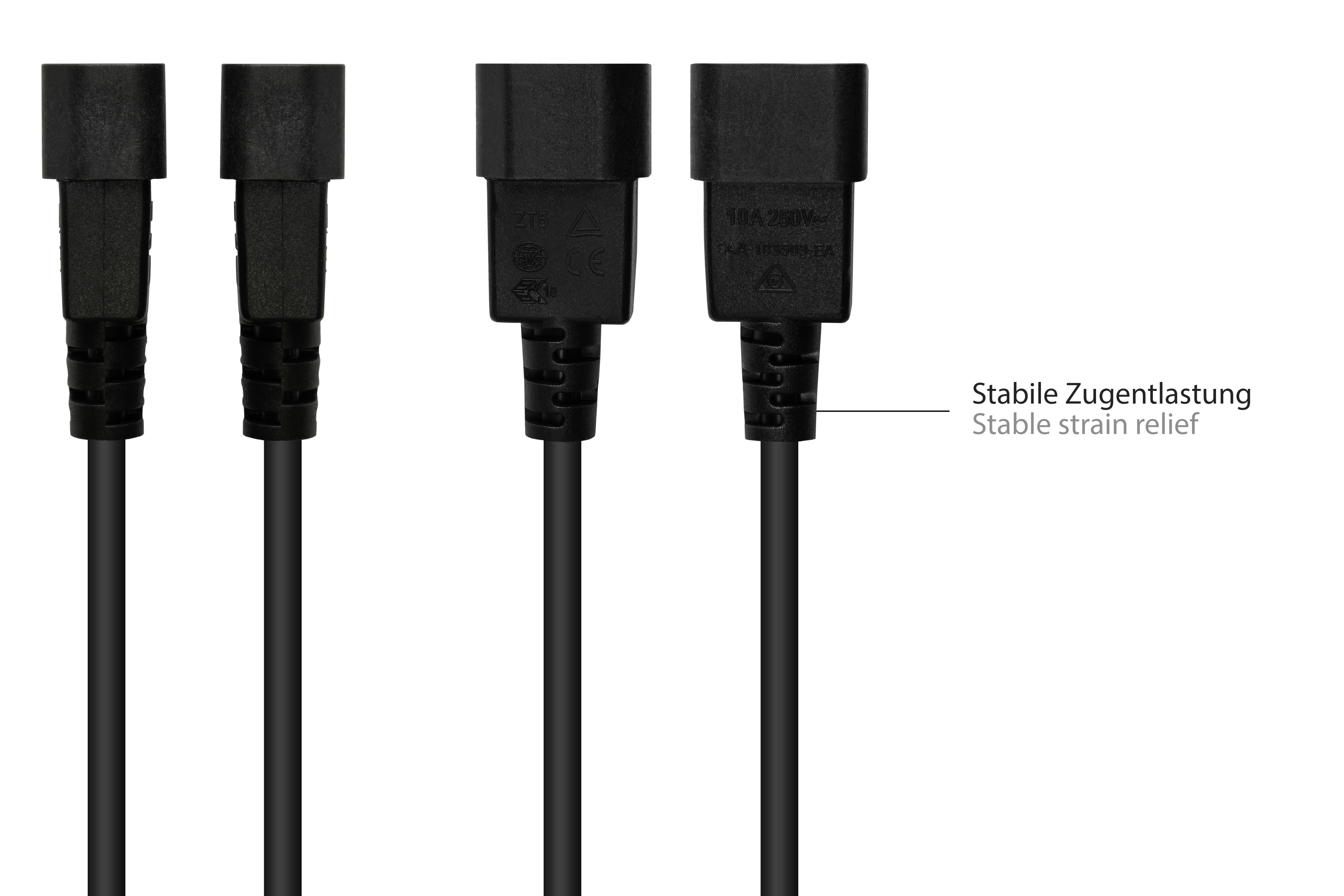 Czarne przewody zasilające, widoczne złącza, tekst: Odciążenie stabilne.