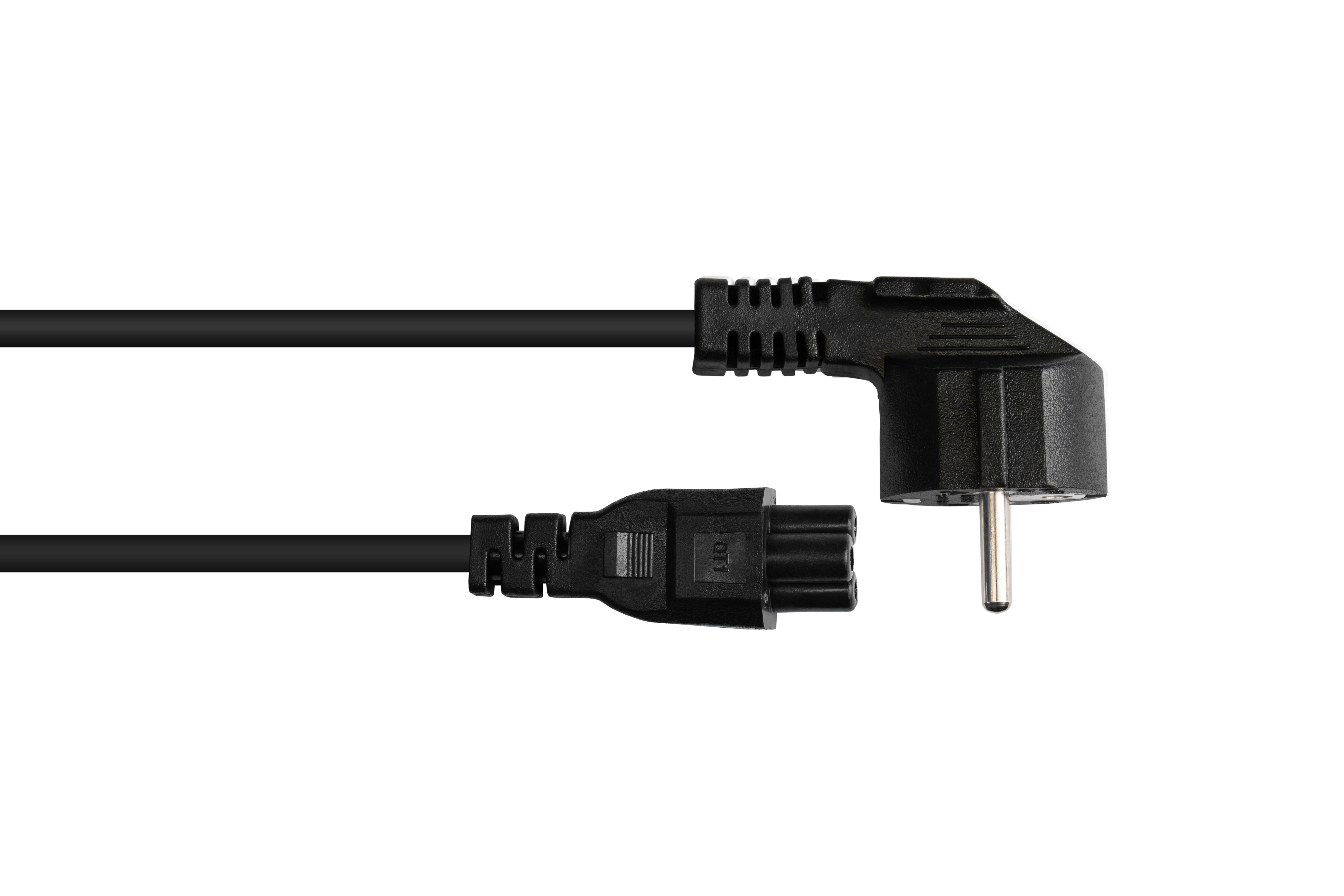 Schwarzes Netzkabel mit abgewinkeltem Stecker und Anschluss.