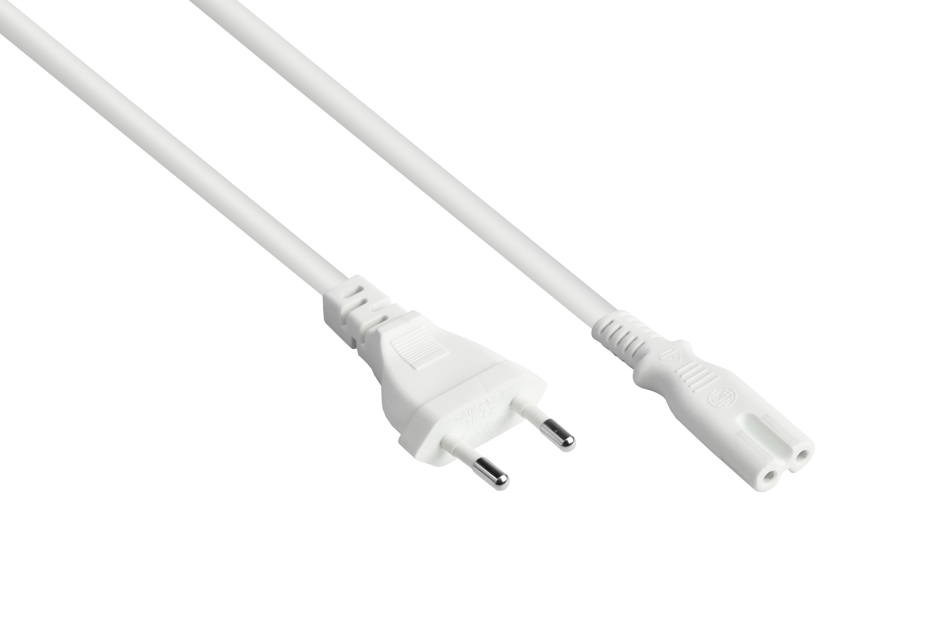 Weißes Netzkabel mit europäischem Stecker und IEC C7-Anschluss, beide nach links zeigend.