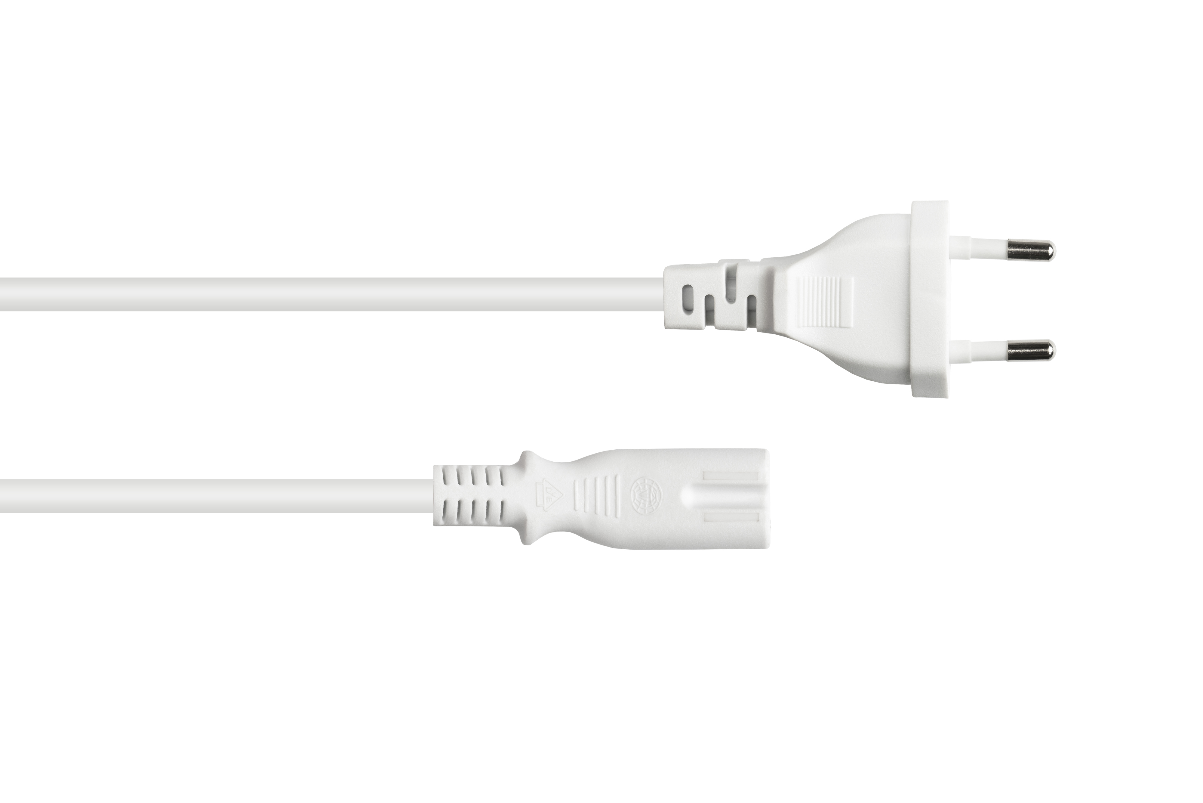 Weißes Netzkabel mit Eurostecker und IEC-Anschluss.