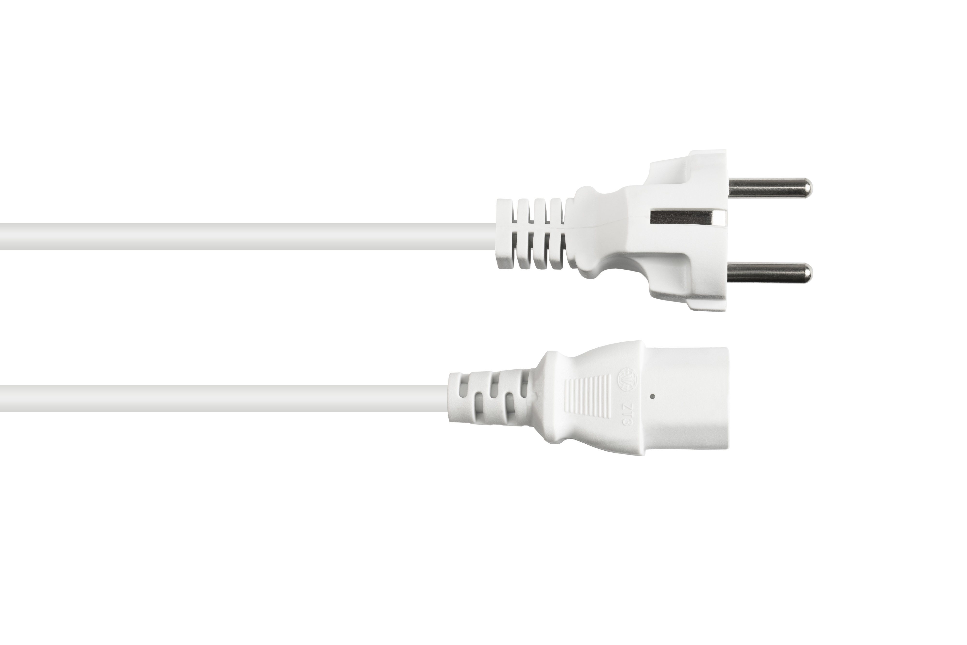 Weißes Netzkabel mit zwei Steckern, isoliert auf weißem Grund.