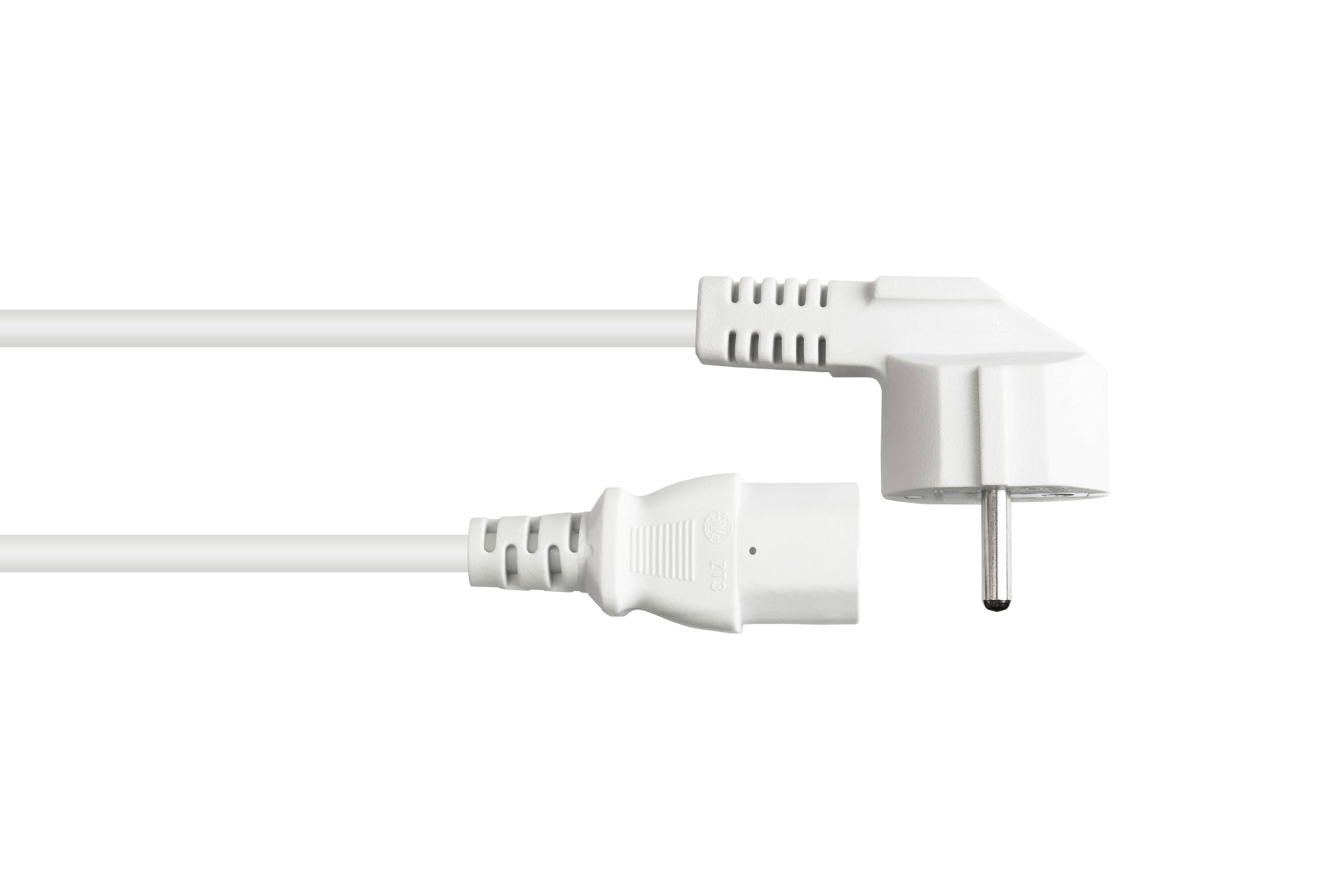 Weißes Netzkabel mit rechtwinkligem Stecker an einem Ende und Buchse am anderen.